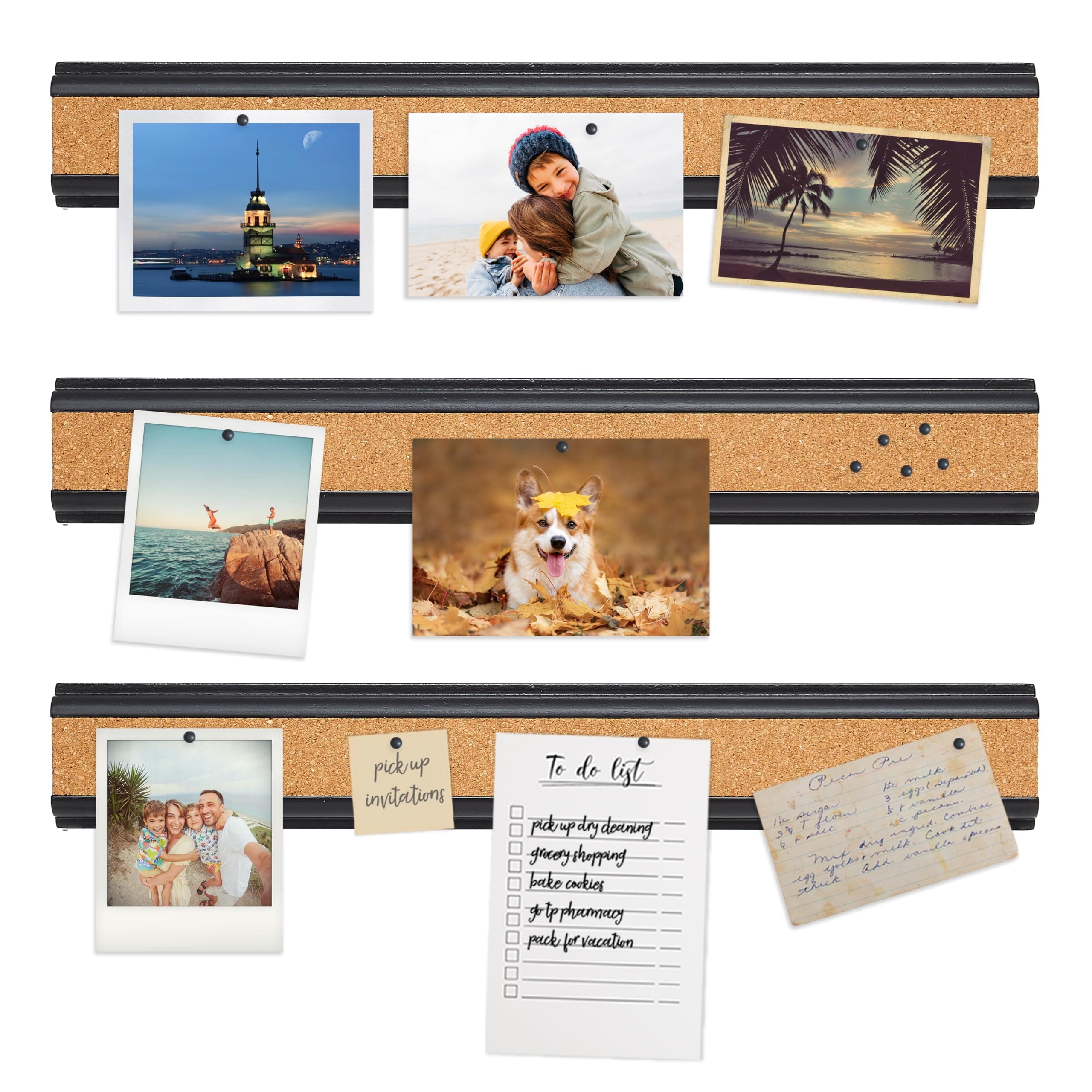 Camden ReedSet of 3, 16 Inch Wood Railing Cork Pinboard, Black