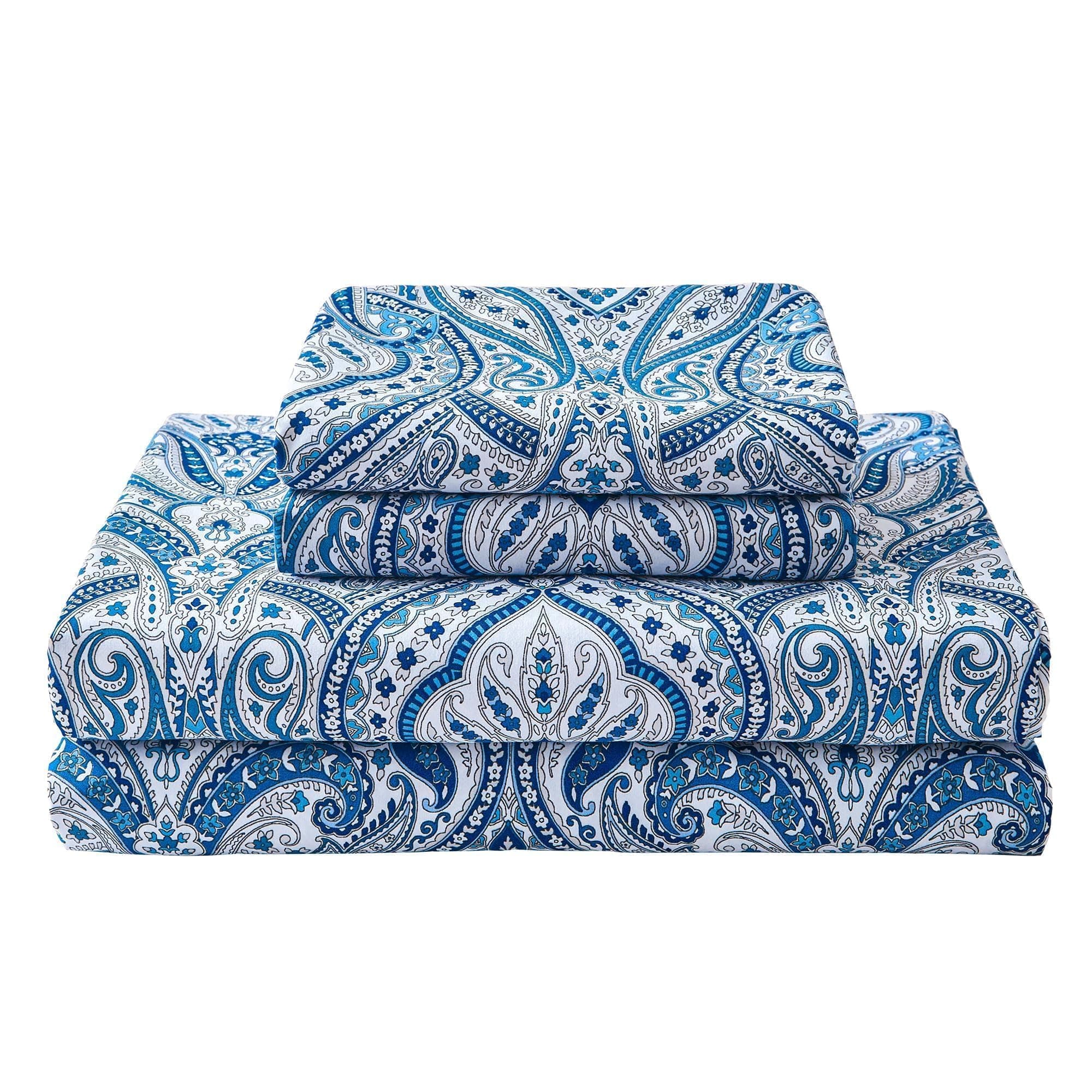 Blue Paisley Printed Bed Sheets Full Size, Floral Sheet Set Full, Brushed Microfiber Patterned Fitted Sheet with 15" Deep Pocket & Non-Slip Straps, Blue Flower Sheets & Pillowcase Set