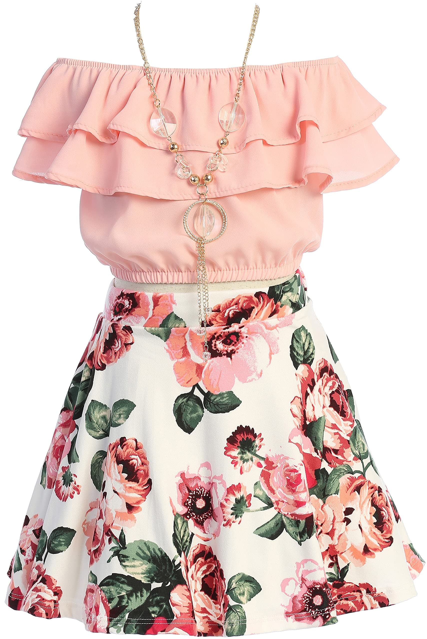 Cold Shoulder Crop Top Ruffle Layered Top Flower Girl Skirt Sets for Girl