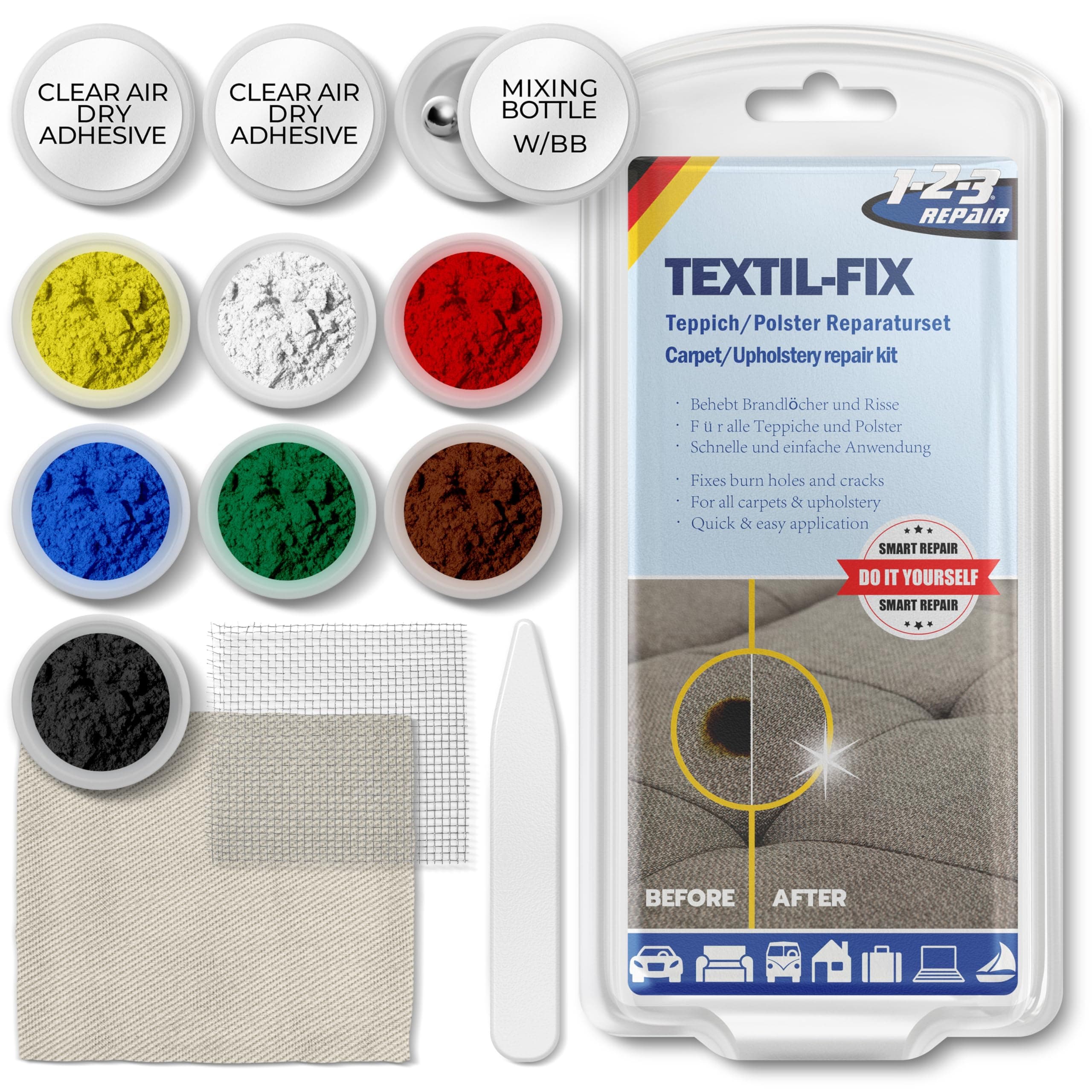 Upholstery Repair Kit | Professional Fabric & Carpet Hole Fixing Set, 13-Piece Multi-Colour Sofa Patch Kit for Couch, Armchair, Car Seat & Carpet Restoration