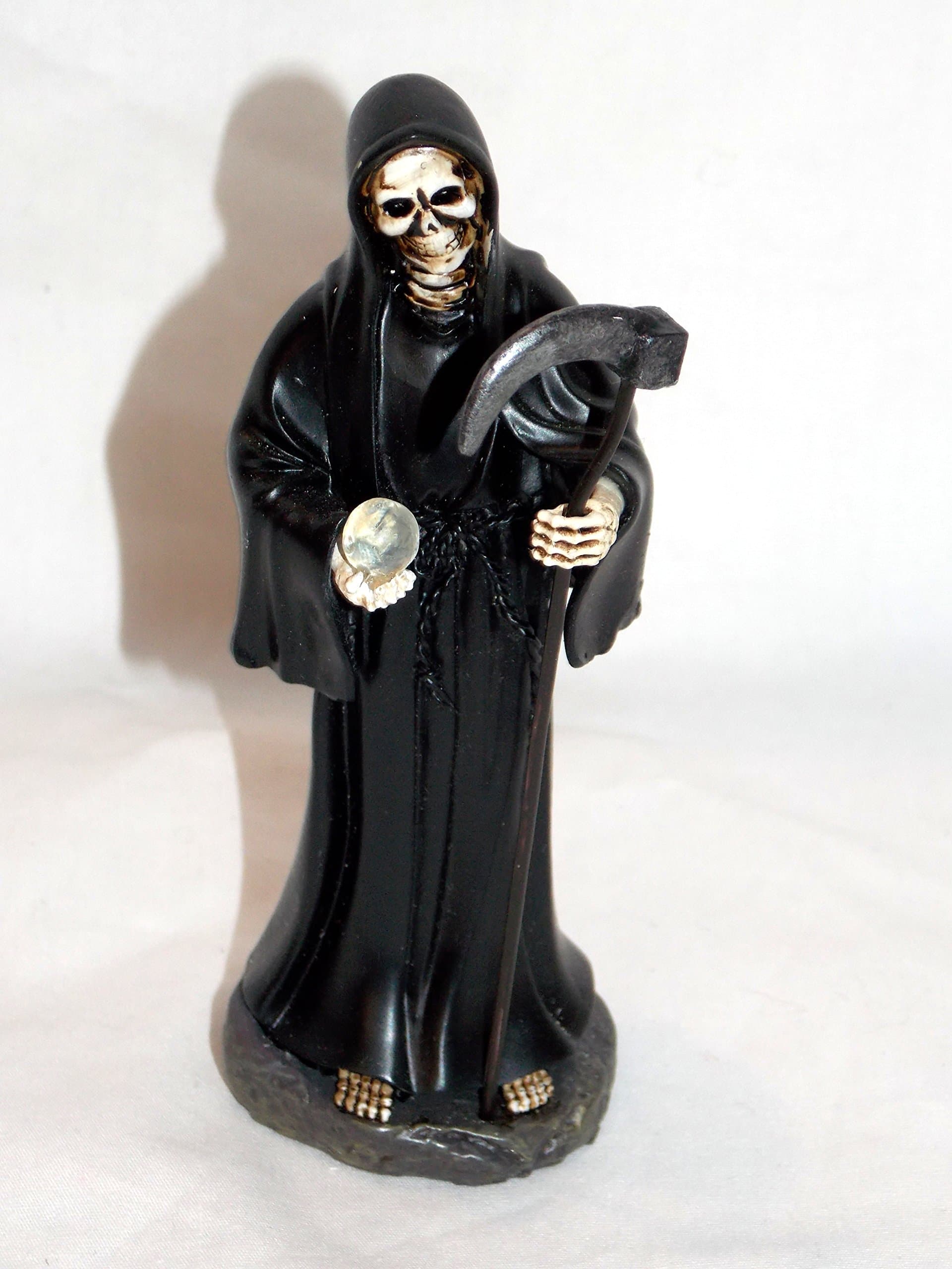 New Santa Muerte Grim Reaper Wearing a Black Cloak Holding a Scythe & Globe Figurine Statue