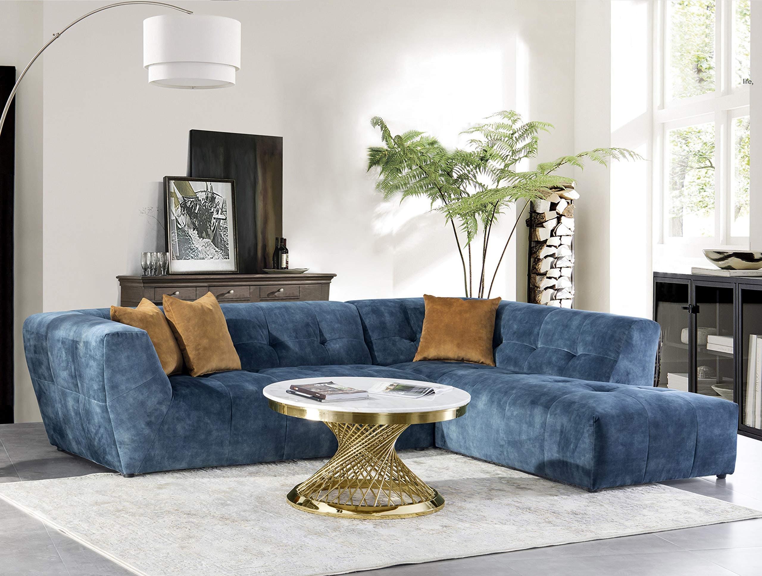 Acanva Luxury Mid-Century Velvet Tufted Low Back Sofa Set L-Shape 2-Piece Living Room Couch, 113"W Right Hand Facing Sectional, Navy