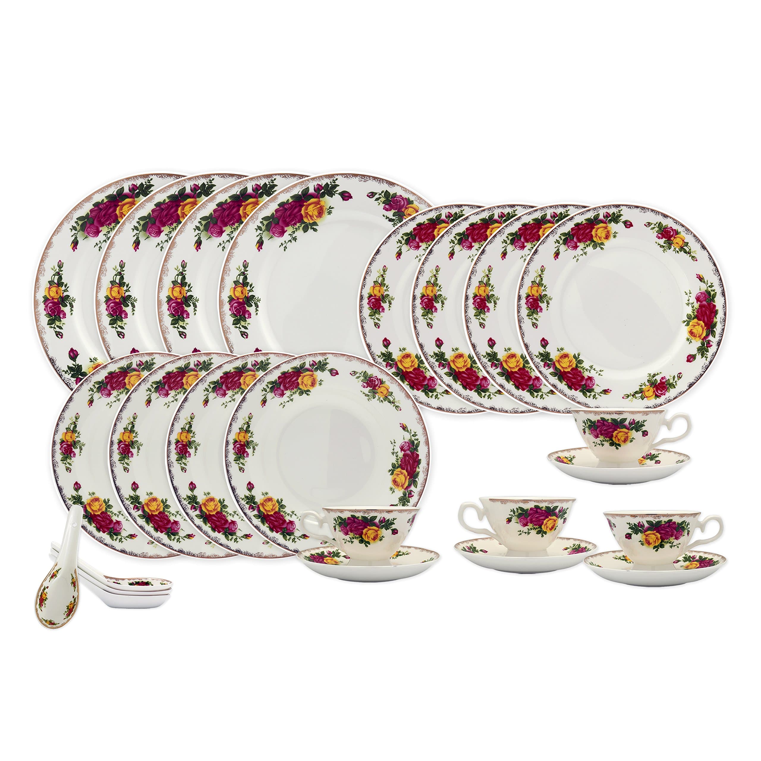 TransSino Treasures Bone China 24 Piece Dinnerware Set English Rose Designs, Service for 4