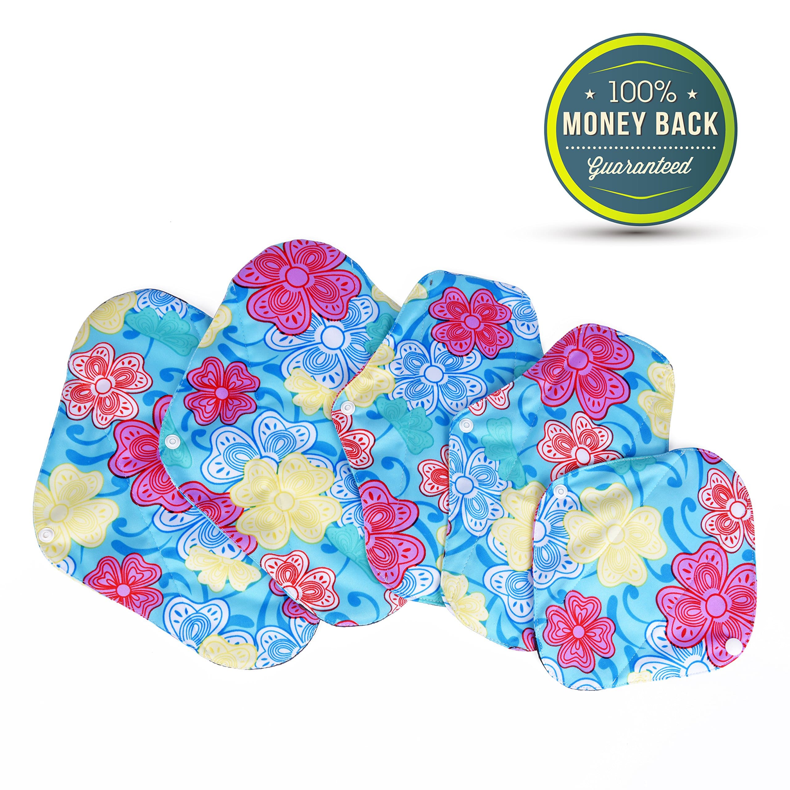 Reusable Sanitary Pads for Women 5ct Pack. 3 Sizes Included for Period Intensity. Machine Wash & Dry, Last up to 7 Years. Excellent for Day, Overnight. Extra Comfortable, Non-Allergenic, Eco-Friendly