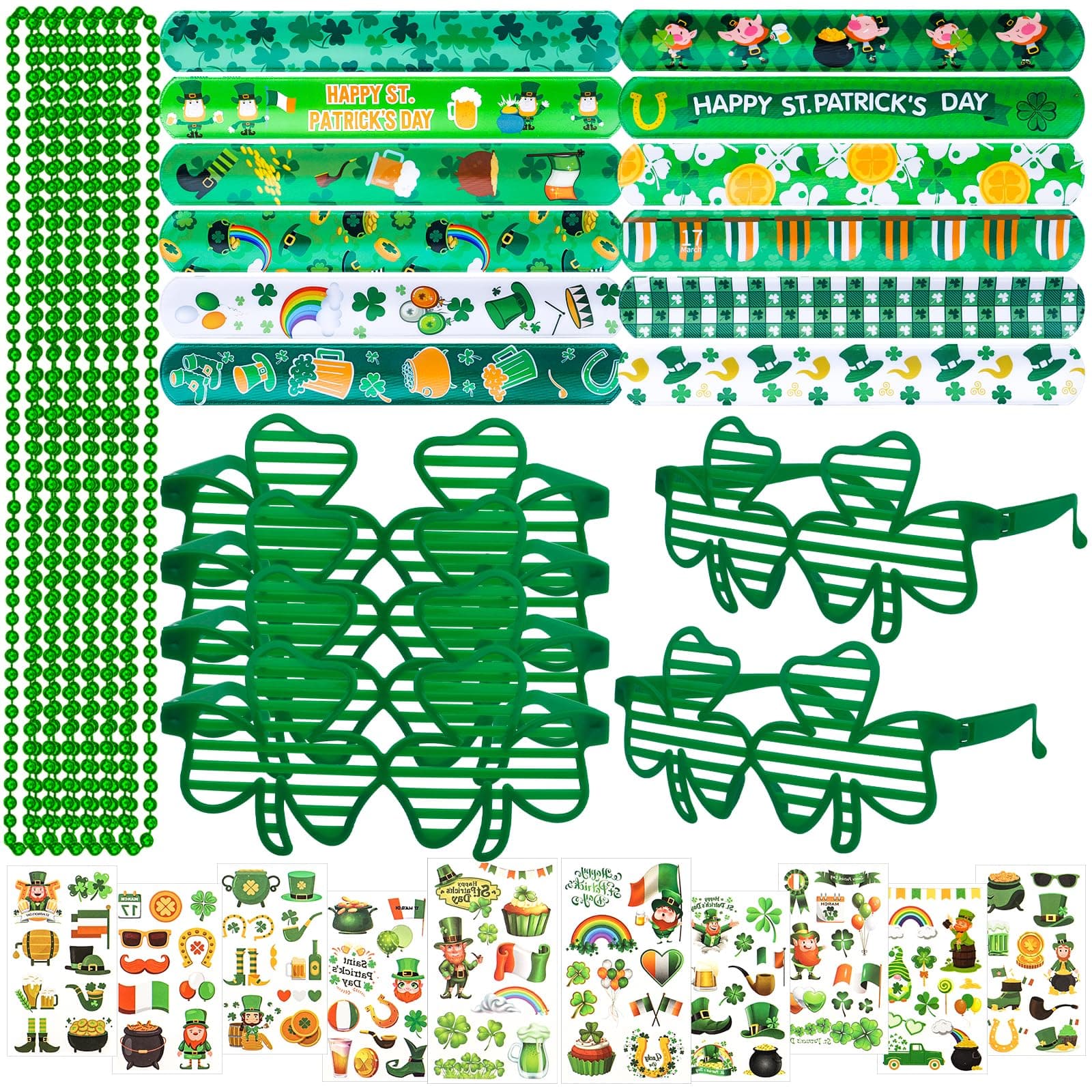 REMEL58Pcs St. Patricks Day Party Favors with Shamrock Necklaces Glasses Tattoos Irish Slap Bracelet St. Patrick's Day Dressing-up Accessories
