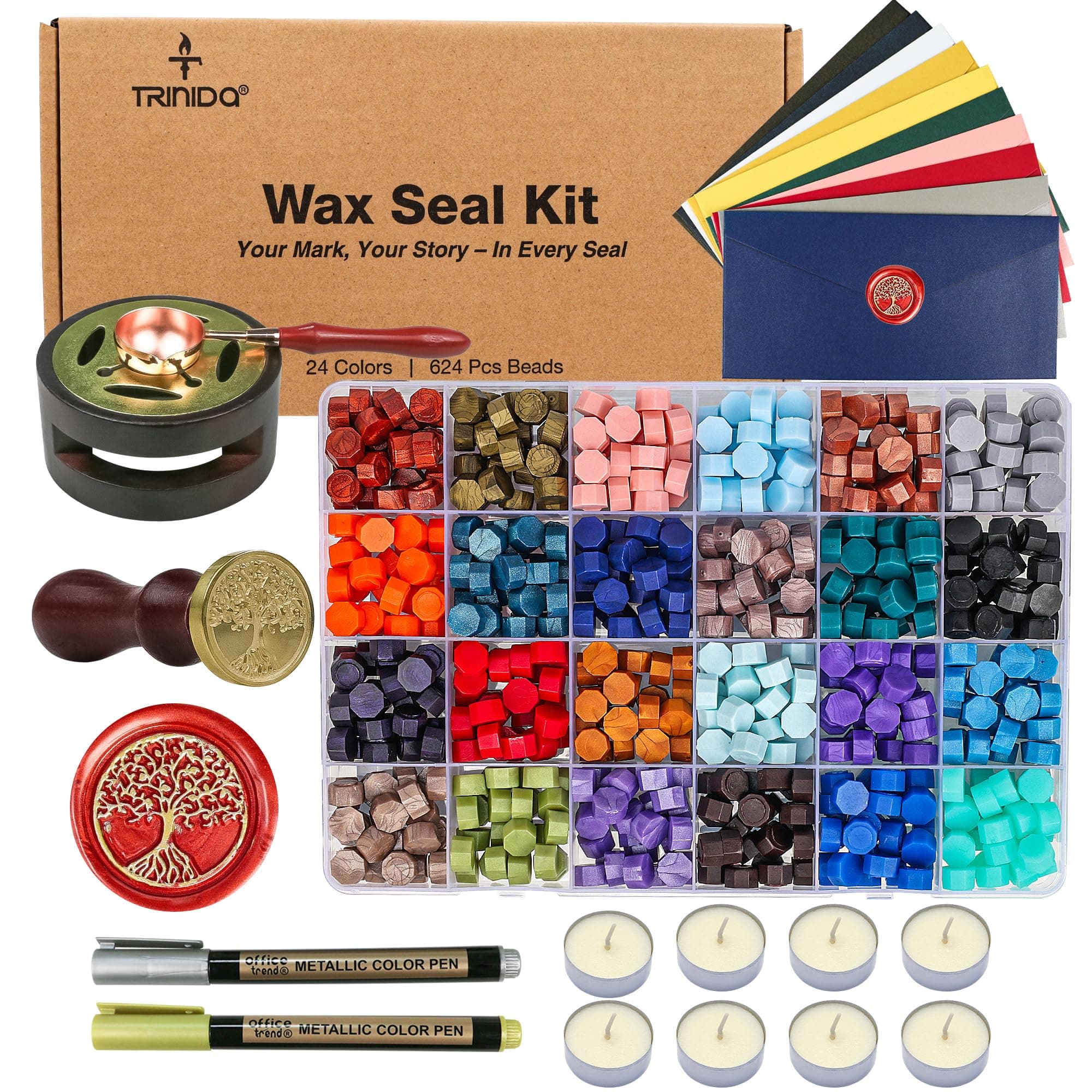 TRINIDa Wax Seal Kit, Premium Wax Seal Stamp Kit with 24 Colors 624 Pcs Beads, Metallic Pens, Warmer, Spoon and Tea Candles for Wedding Invitation, Letter Envelope, Gift Cards & DIY Crafts