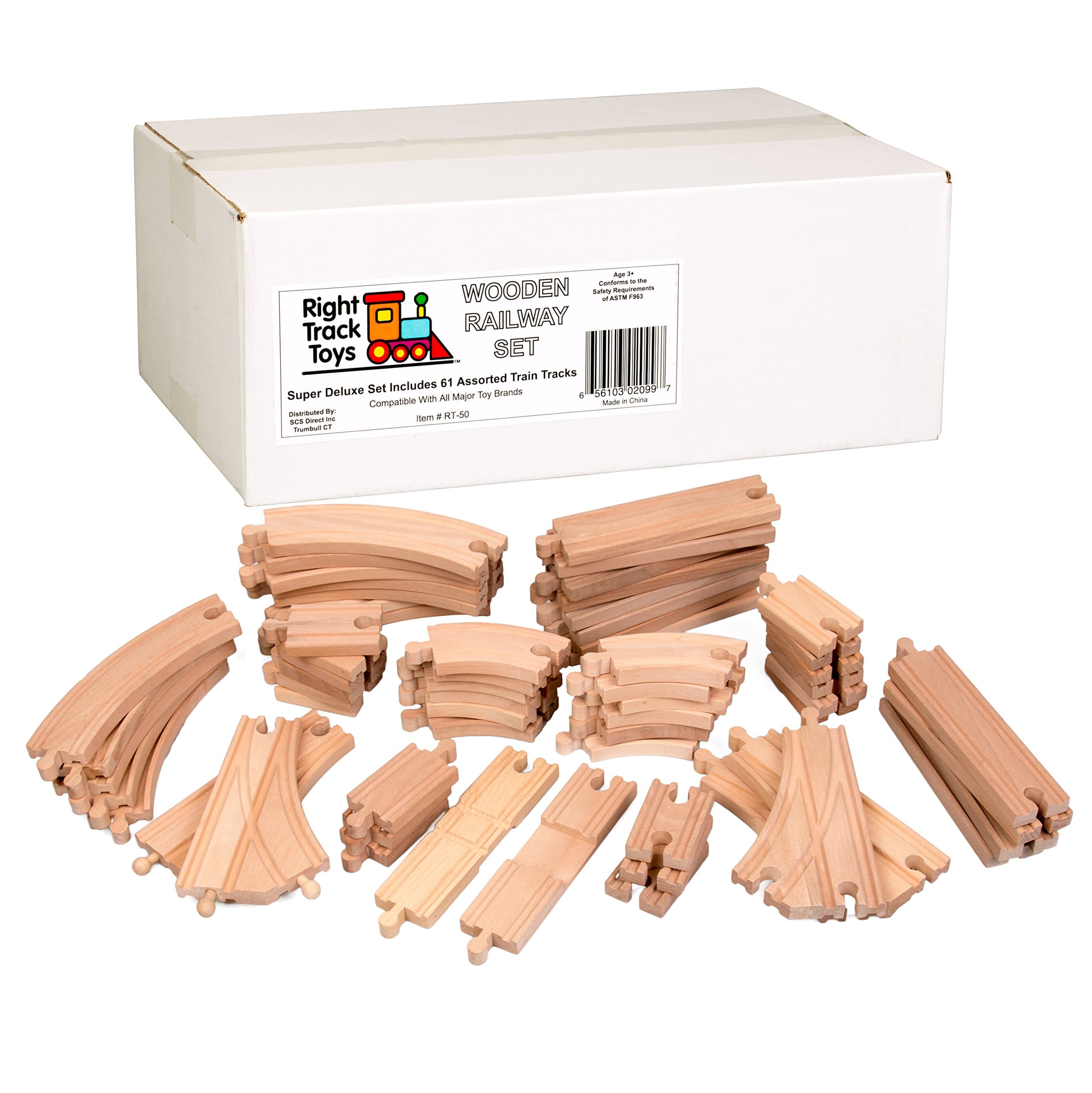 Wooden Train Track - 61 Piece Set 100% Compatible with Thomas, Brio, Chuggington, and Other Major Brands