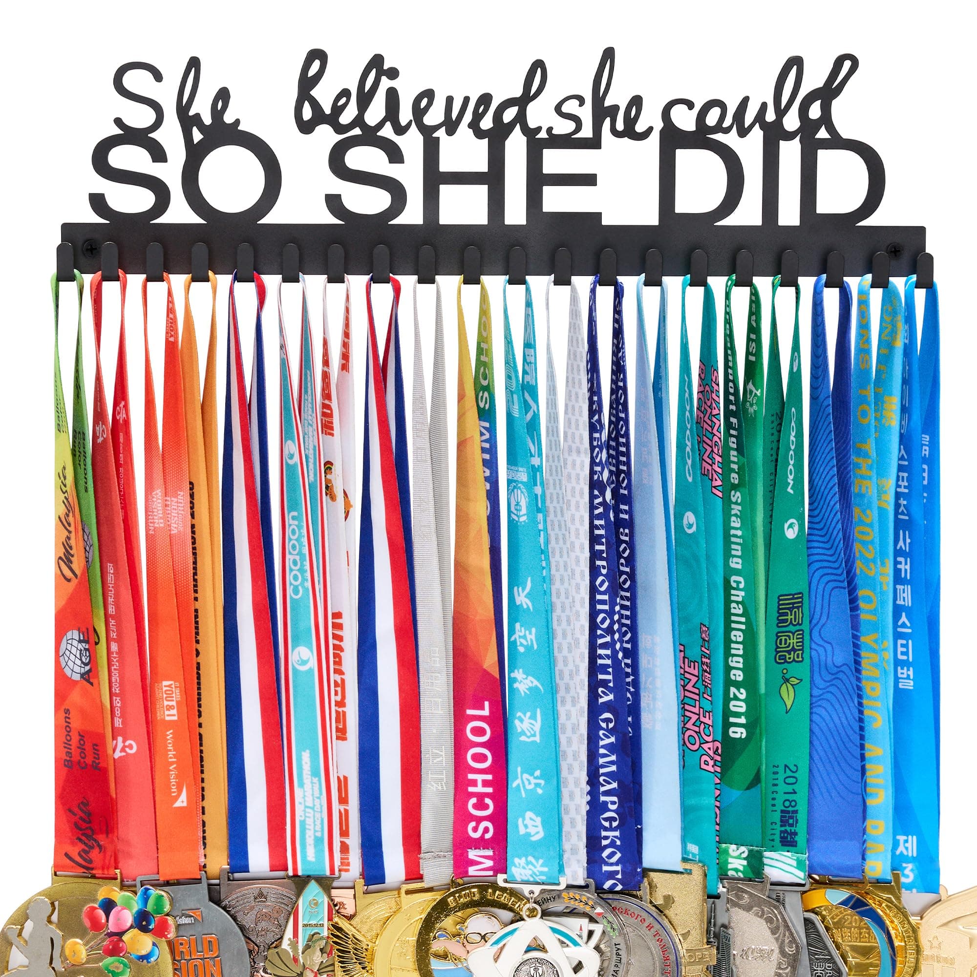 Goutoports Medal Holder Display Hanger Rack Frame for Sport Race Runner-She Believed She Could -Sturdy Black Steel Metal Over 60 Medals Easy to Install