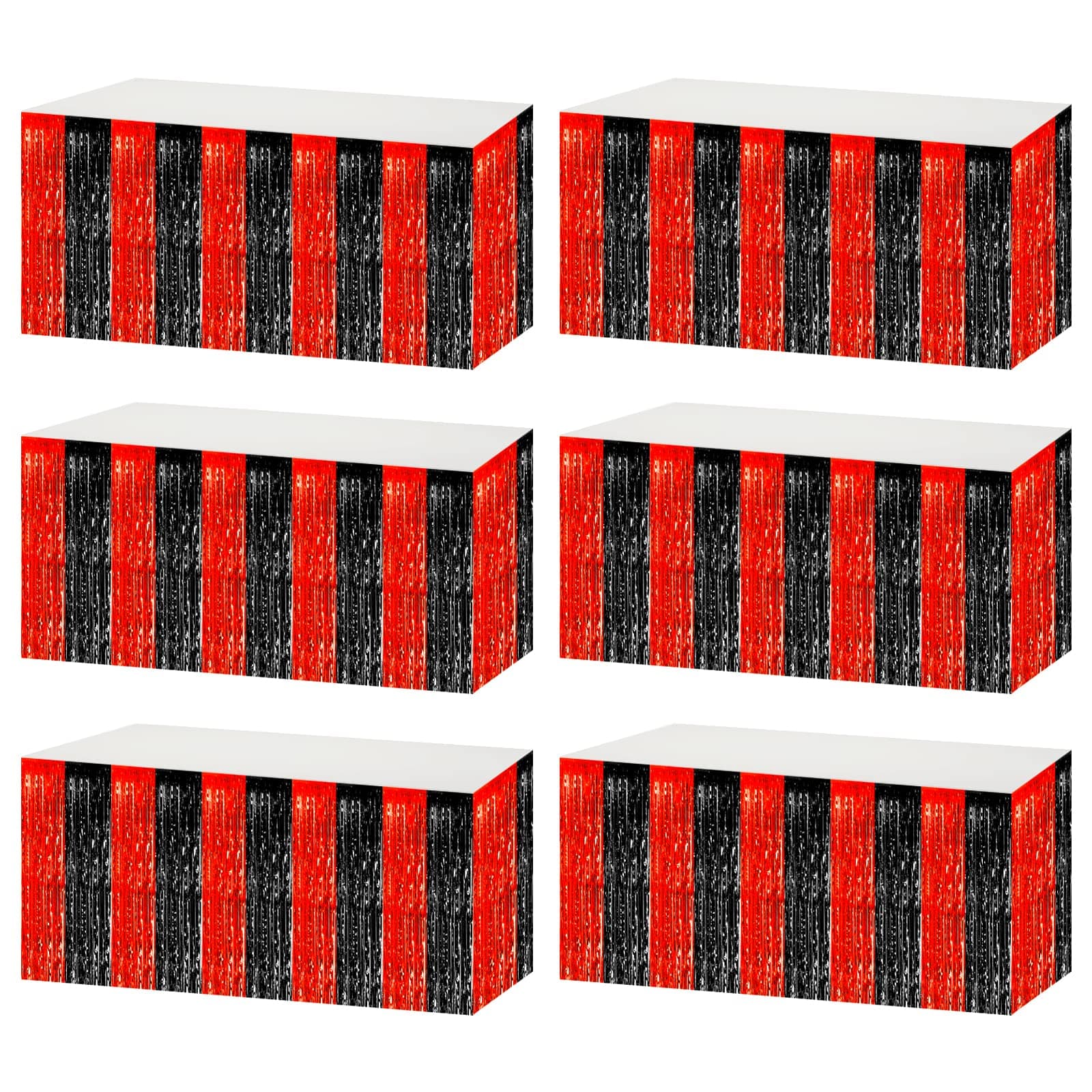 6 Pack 29x108 Inch Black Red Metallic Foil Fringe Tinsel Table Skirts for Rectangle Tables Streamer Curtains Backdrop for Wedding, Birthday, Parade Floats, Mardi Gras, Carnival Party Decoration