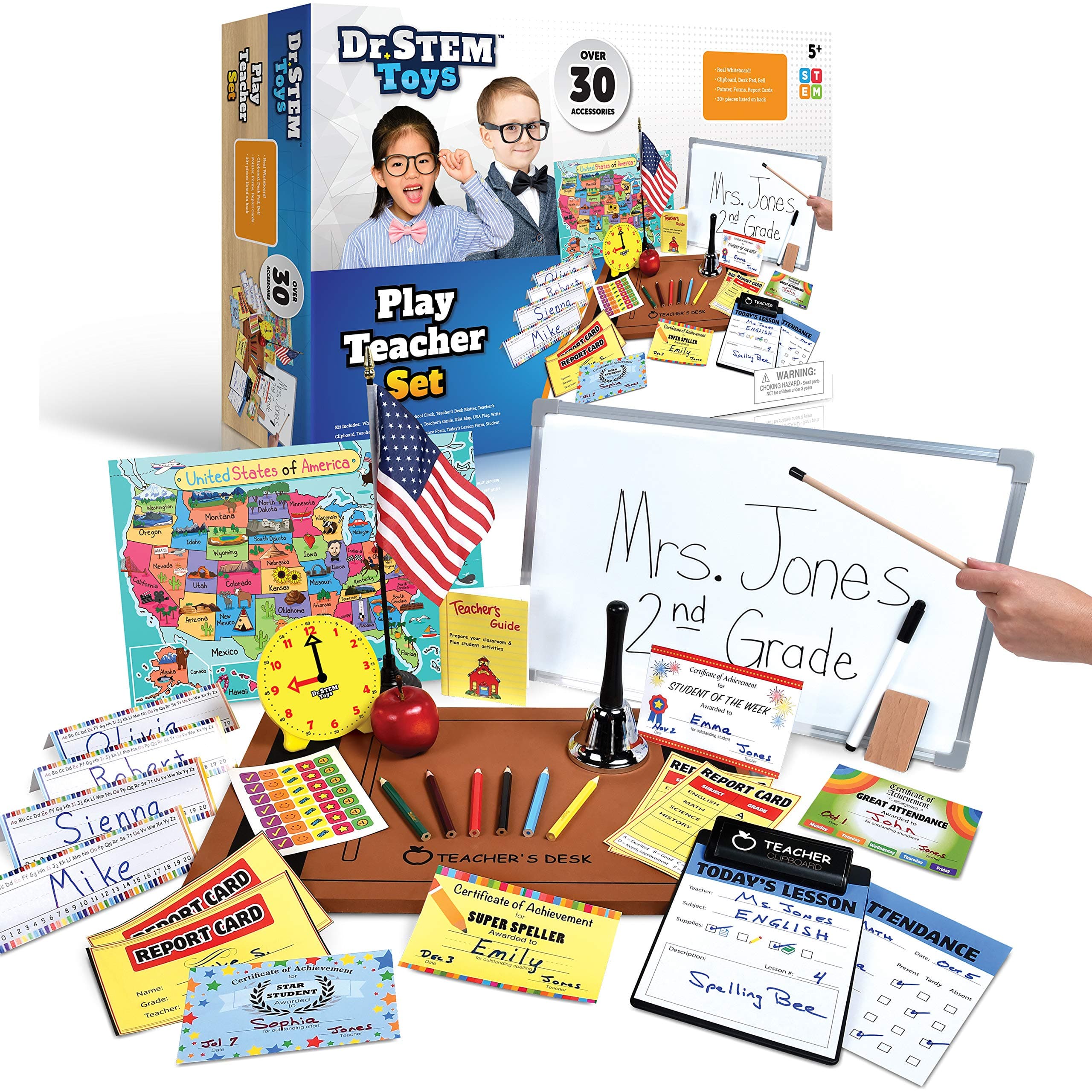 Dr. STEM Toys - Play Teacher Role-Play Set Includes Reusable White Board, Bell, Report Cards, for Home or Classroom, Over 30 Pieces Included, Gift for Kids, Complete Set