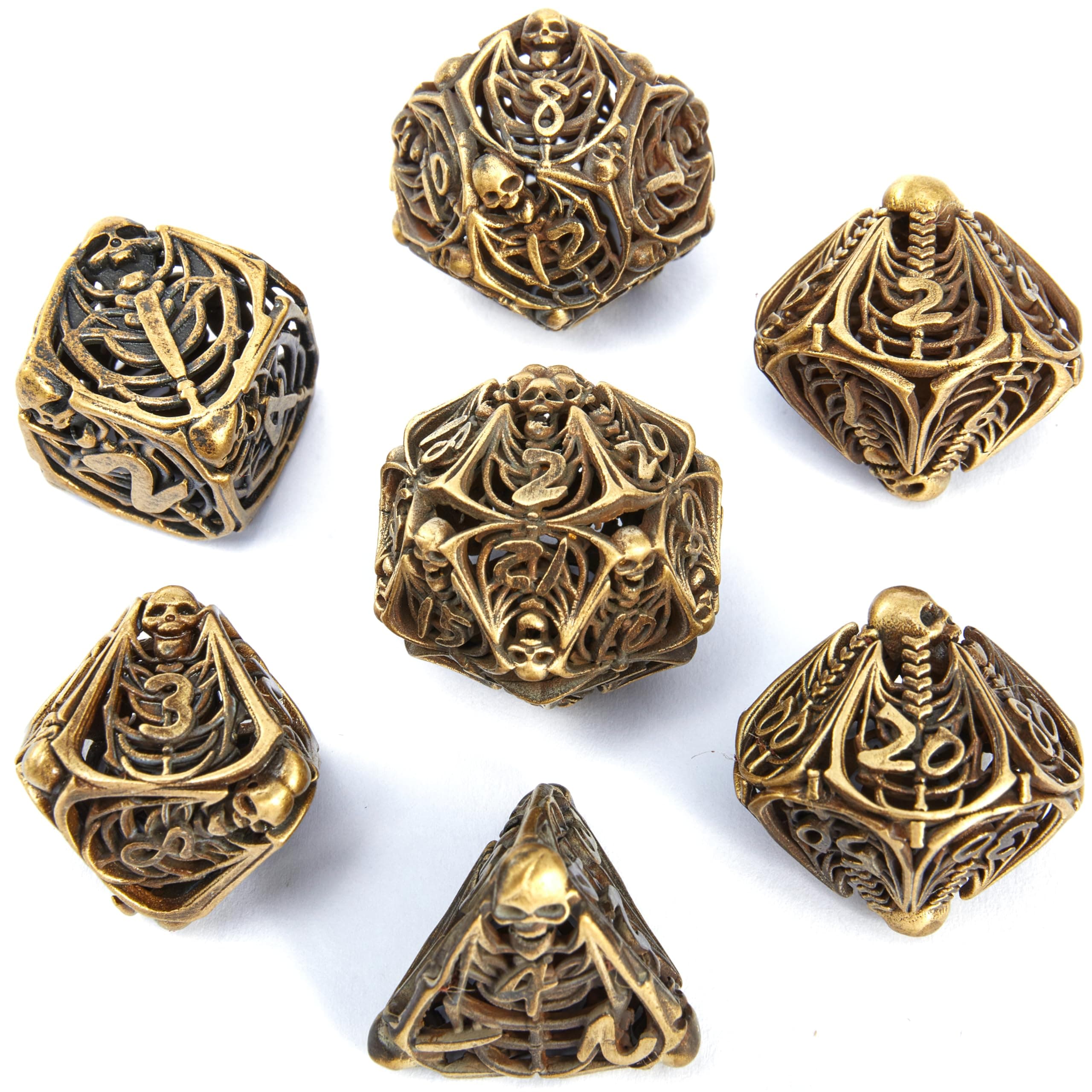 Metal Skull Dice Set Hollow Multi-Sided Dungeons & Dragons Dice 7CPS Role-Playing Dice Set with Flannel Bag Suitable for D&D Board Game Cards(Ancient Bronze)