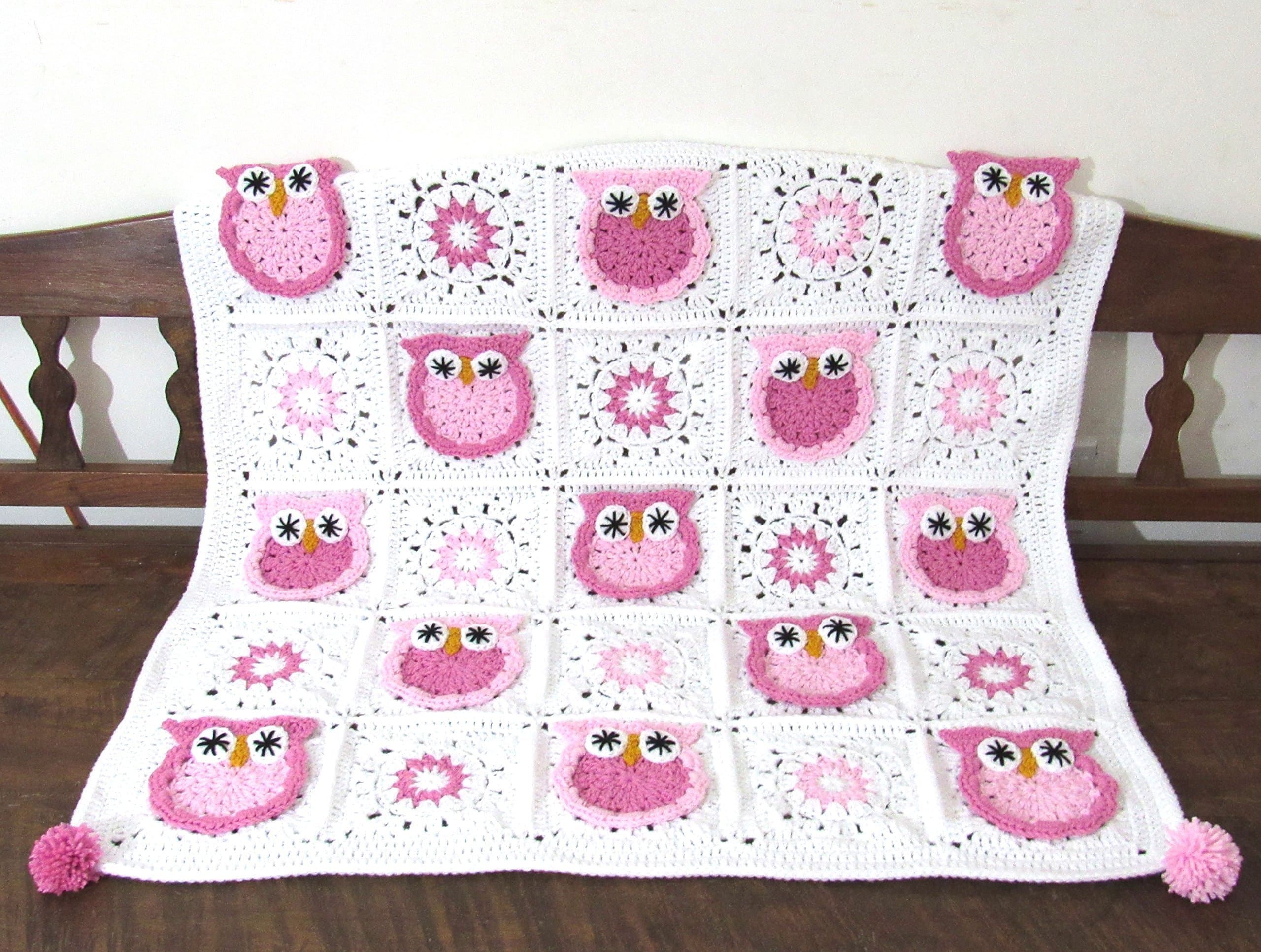 Handmade crochet baby Owl nursery blanket or stroller blanket.Approximately 36 inches by 36 inches.