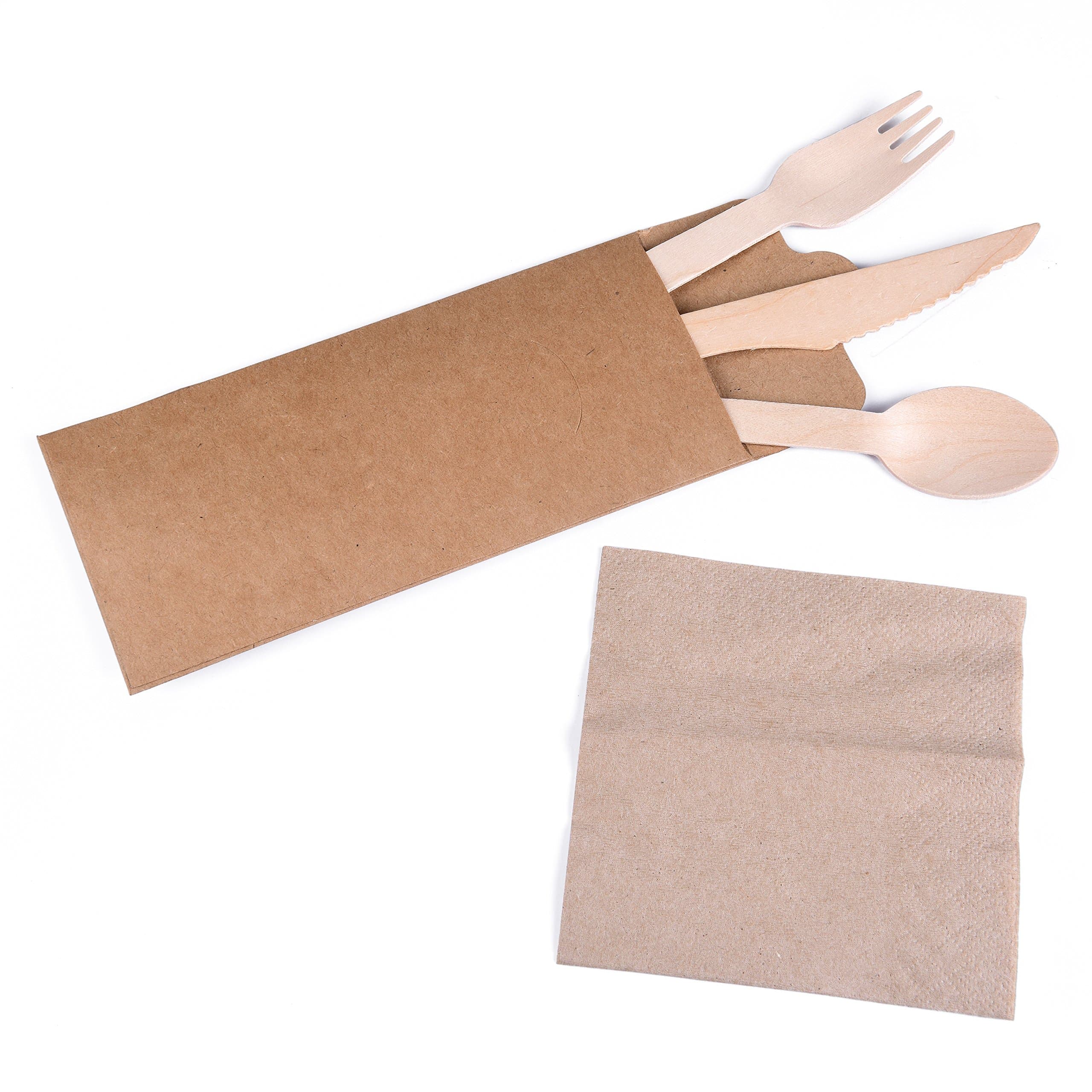 Roots Pack 20 Individual Sets of Biodegradable Wooden Disposable Cutlery - Includes Fork, Spoon, Knife, Napkin in a Pouch - Ideal for picnics, parties, barbecues