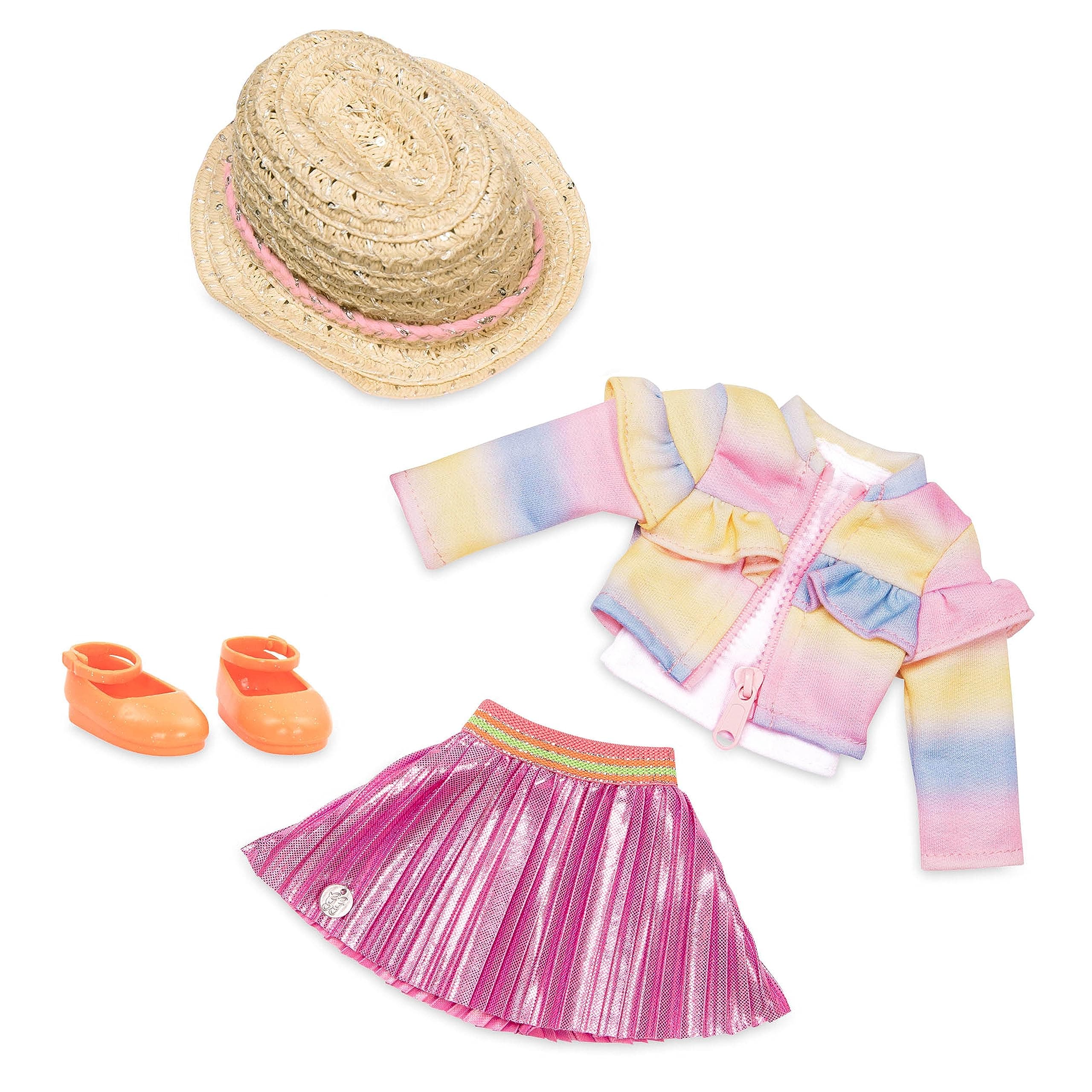 14-Inch Doll Clothes– Cuties in Ruffles & Pleats Outfit– Rainbow Jacket, Skirt, Hat, & Glitter Shoes – 3+ Years – Children’s Toys