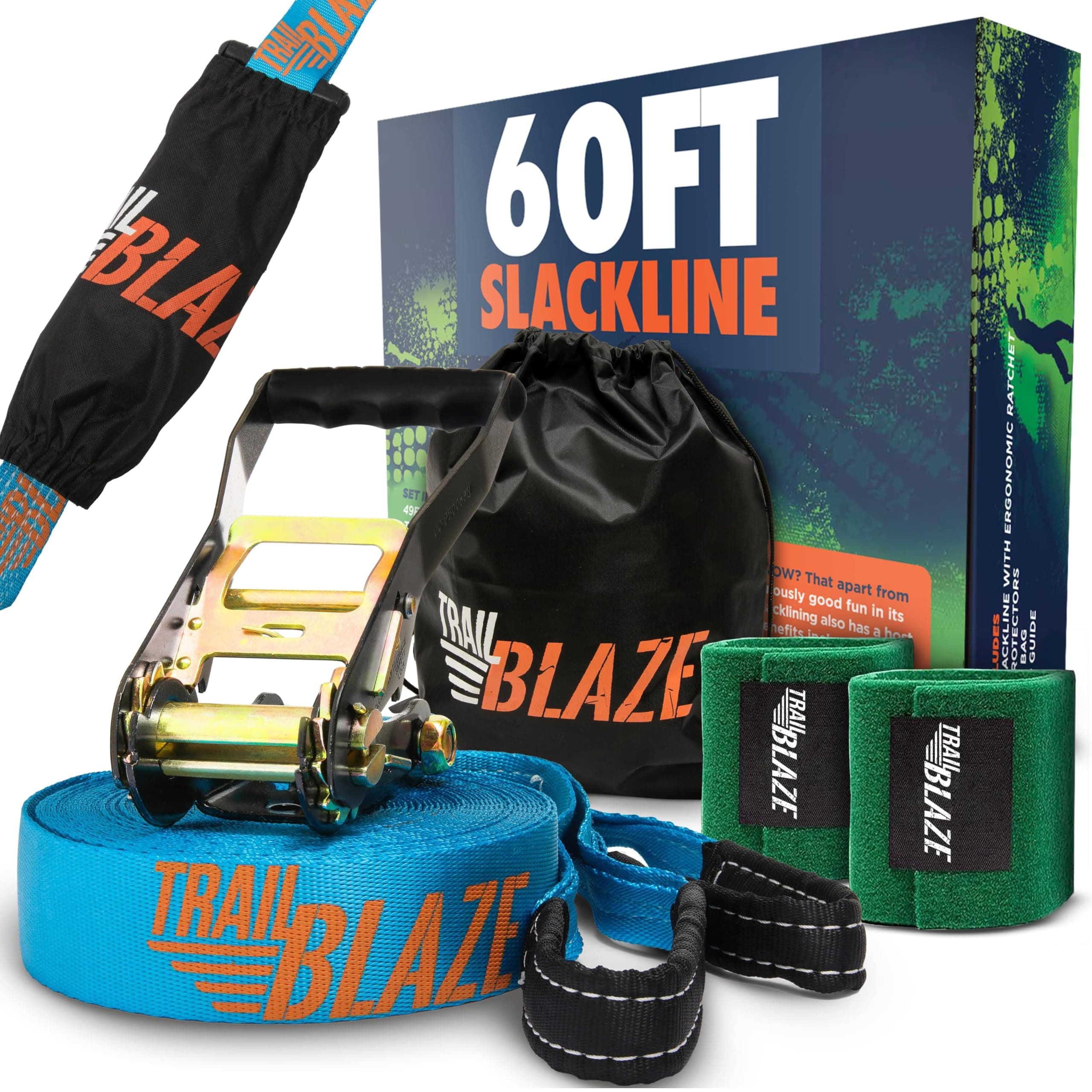 Strongest Slackline Kit with Tree Protectors + Carry Bag | Perfect Slack Lines for Kids & Family Outdoor Healthy Fun | Easy Setup 50 ft Nylon Slack Line