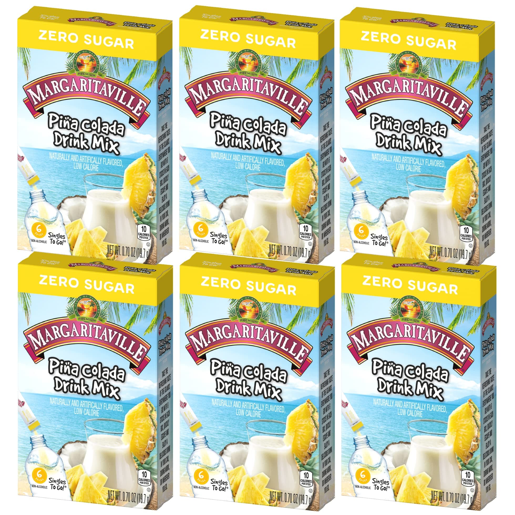 singles to go water drink mix - pina colada flavored, non-alcoholic powder sticks (6 boxes with 6 packets each - 36 total servings), 0.70 ounce (pack of 6)