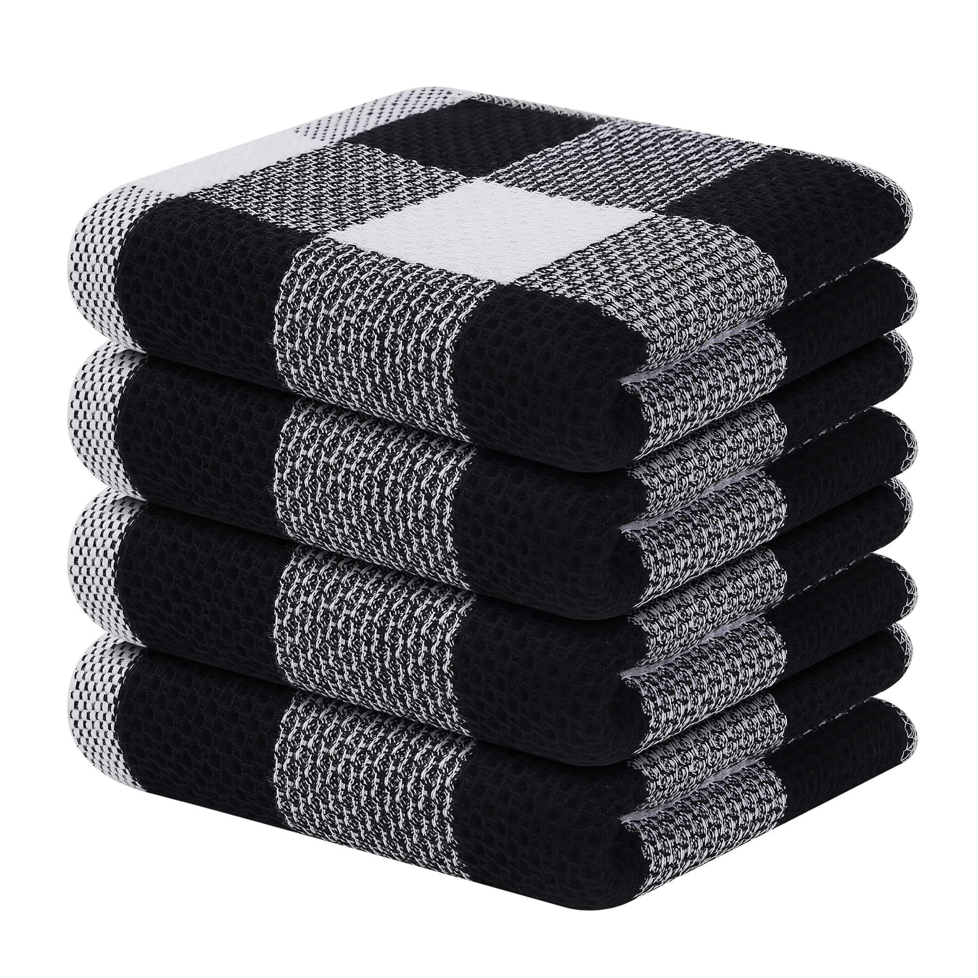 Mordimy 100% Cotton Waffle Weave Kitchen Towels, 13 x 28 Inches, Super Soft and Absorbent Buffalo Check Dish Towels for Drying Dishes, 4-Pack, Black & White