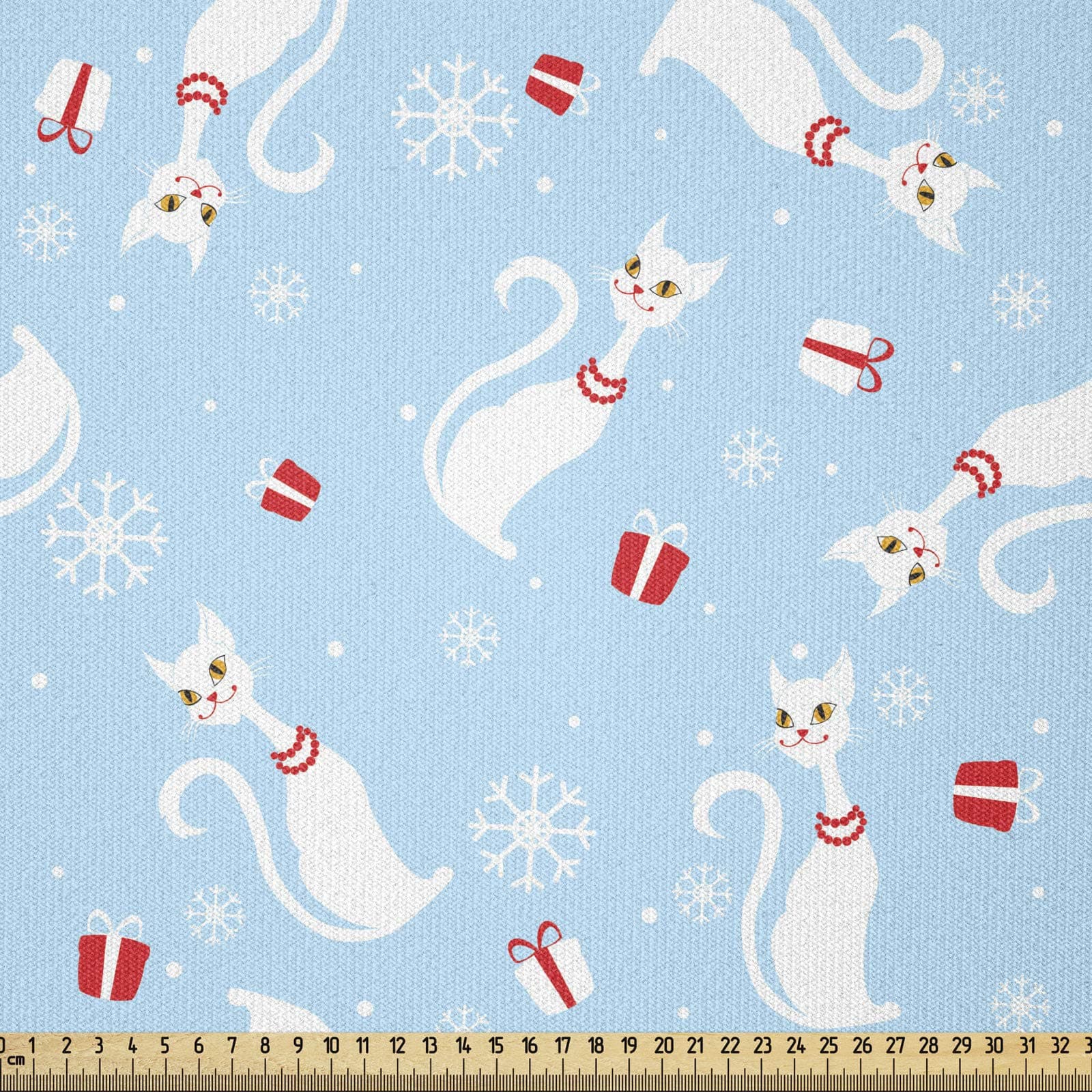 ABAKUHAUS Christmas Fabric by The Yard, Cats with Necklaces, Stretch Knit Fabric for Clothing Sewing and Arts Crafts, 1 Meter, Pale Blue Red White