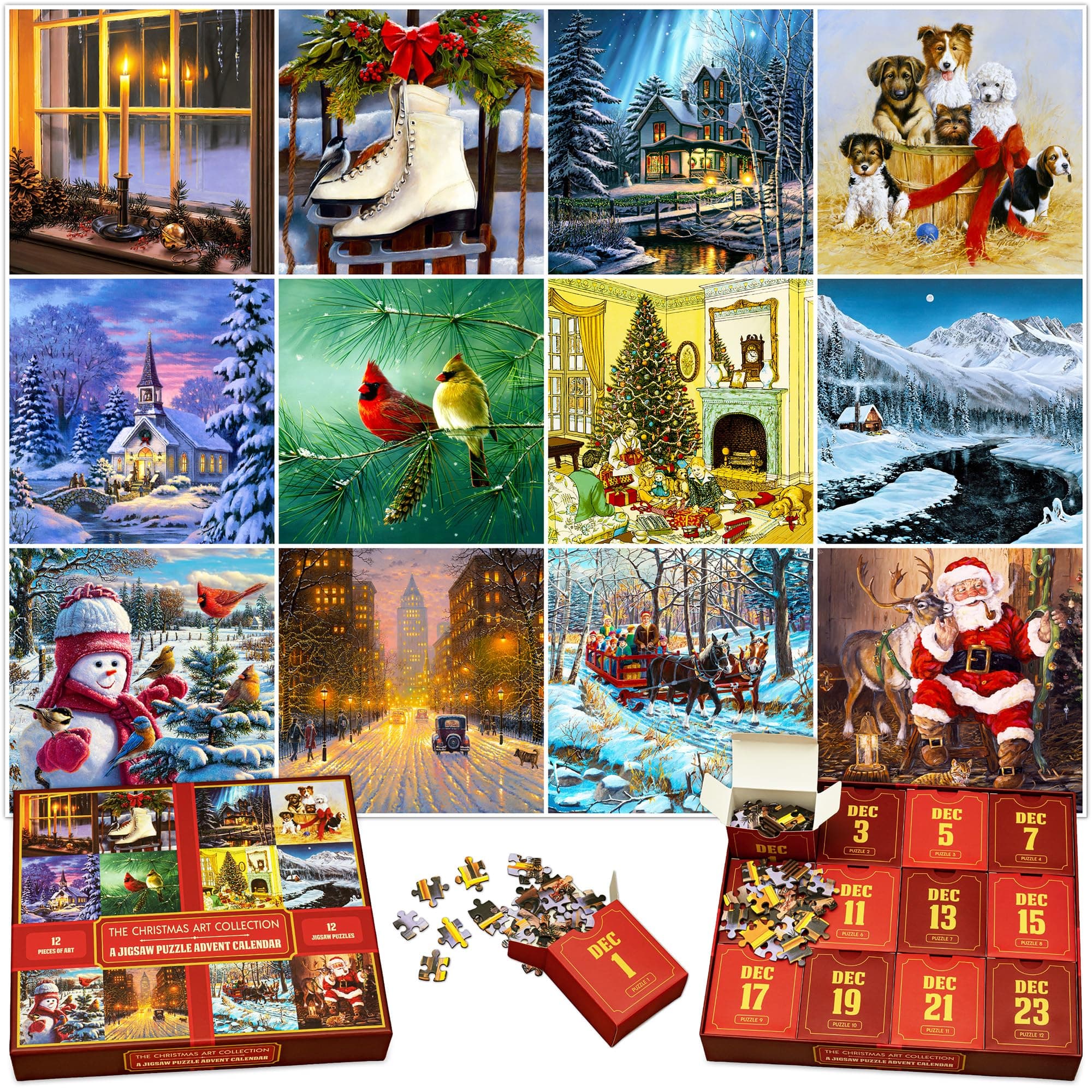 Unique Jigsaw Puzzle Advent Calendar 2025 – Collection of Twelve 100-Piece Puzzles, 12 Days of Xmas Holiday Countdown, Fun for Kids, Adults and Family, Licensed Artwork from 12 Well-known Artists