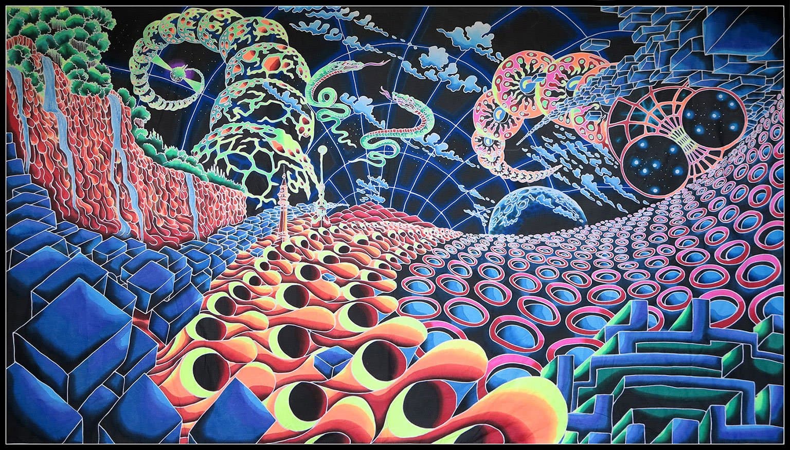 Space Tribe Giant Psychedelic Tapestry - OtherWorld - UV Active Banner - Hand Painted Batik. Trippy Wall Art. 158 inches x 78 inches.