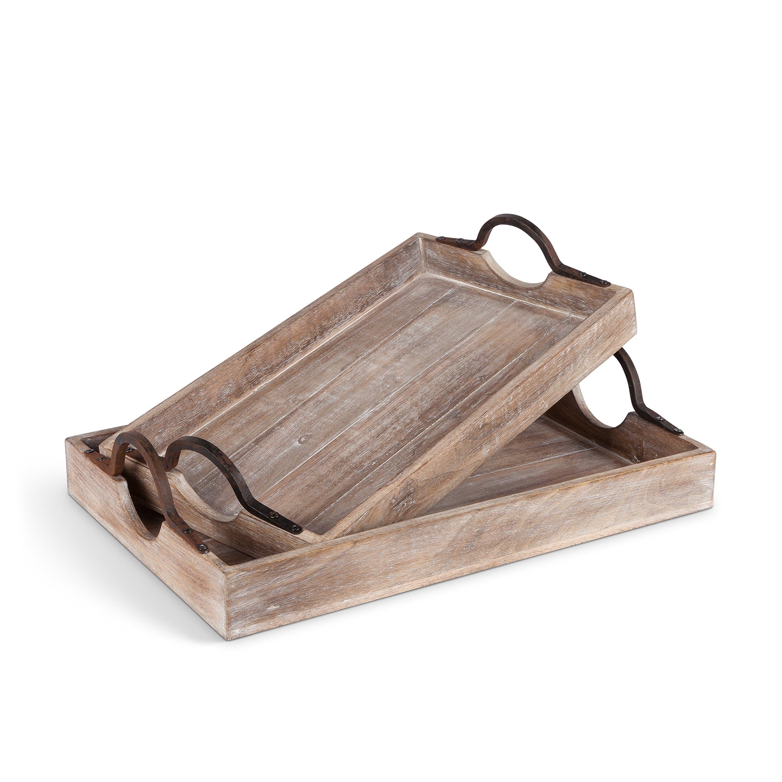 Lone Elm Set of 2 Wood Trays with Metal Handles, Brown, 17.5" x 11.5" x 2"