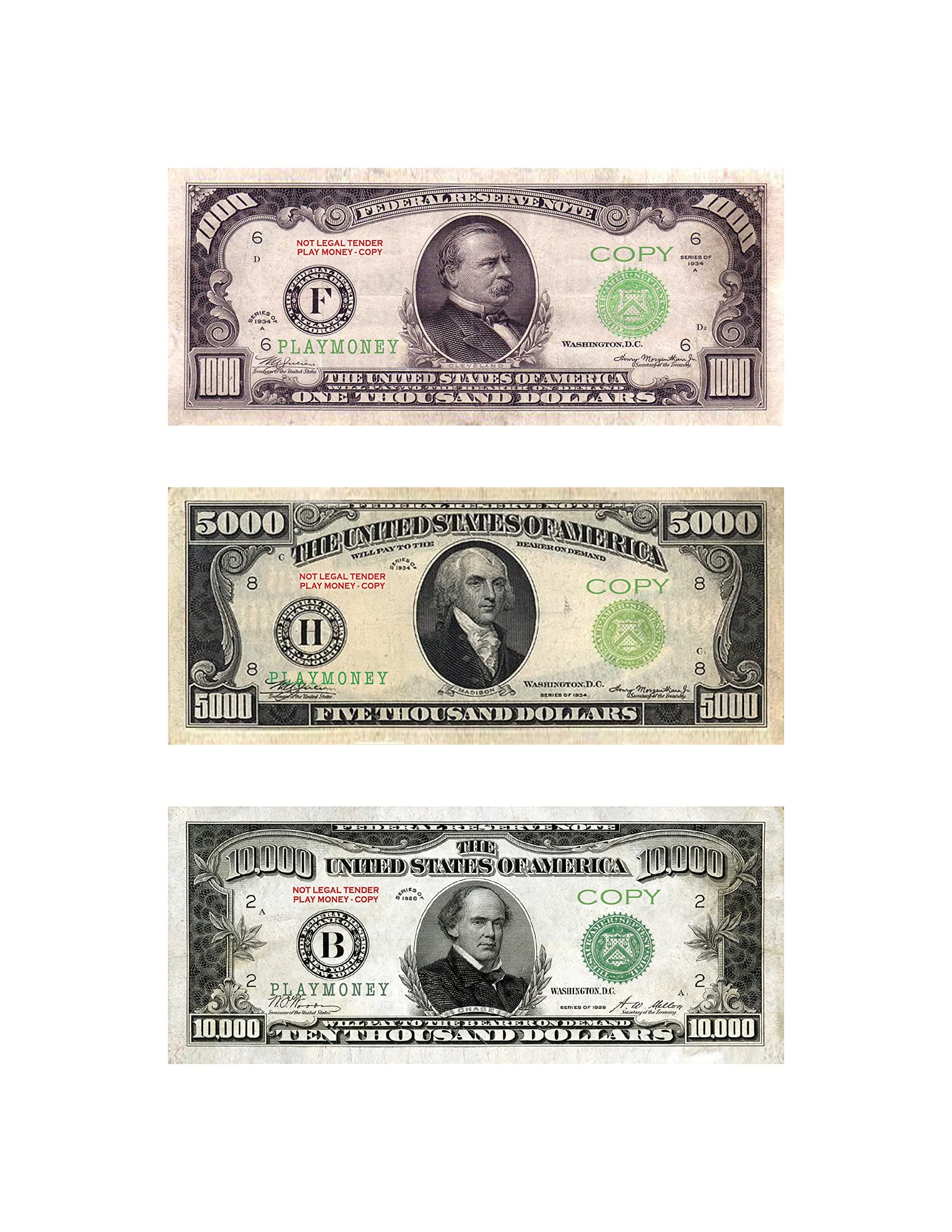 INC Play Fake Copy Money for Kids 10,000 5000 1000 Dollar Looks Real Gag Props for Movie Music Video Educational Learning Vintage Antique Old 1928