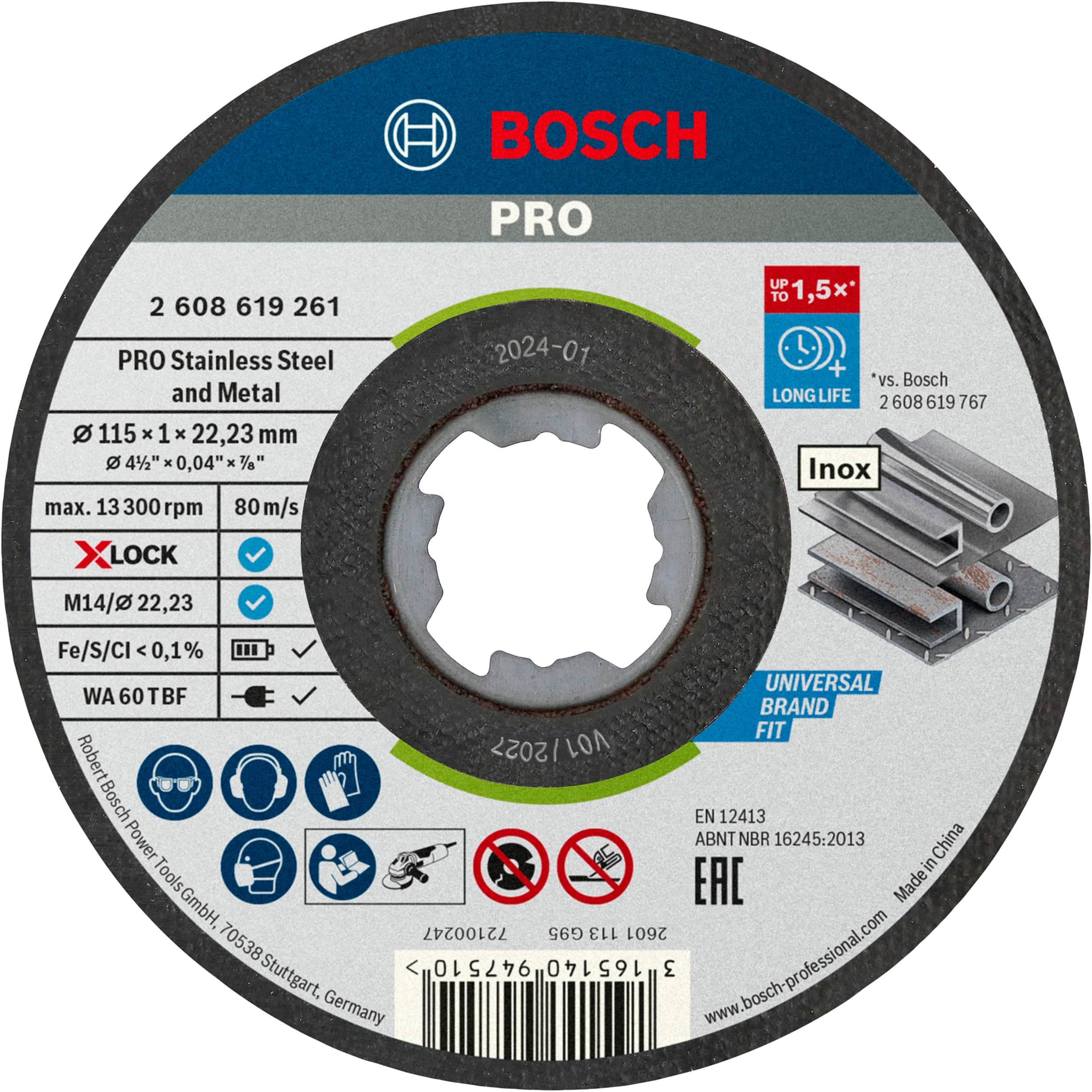 Professional 2608619266 Pack of 10 Straight Cutting Disc Standard (for INOX, X-Lock, Diameter 115 mm, Bore Diameter 22.23 mm, Thickness 1 mm)