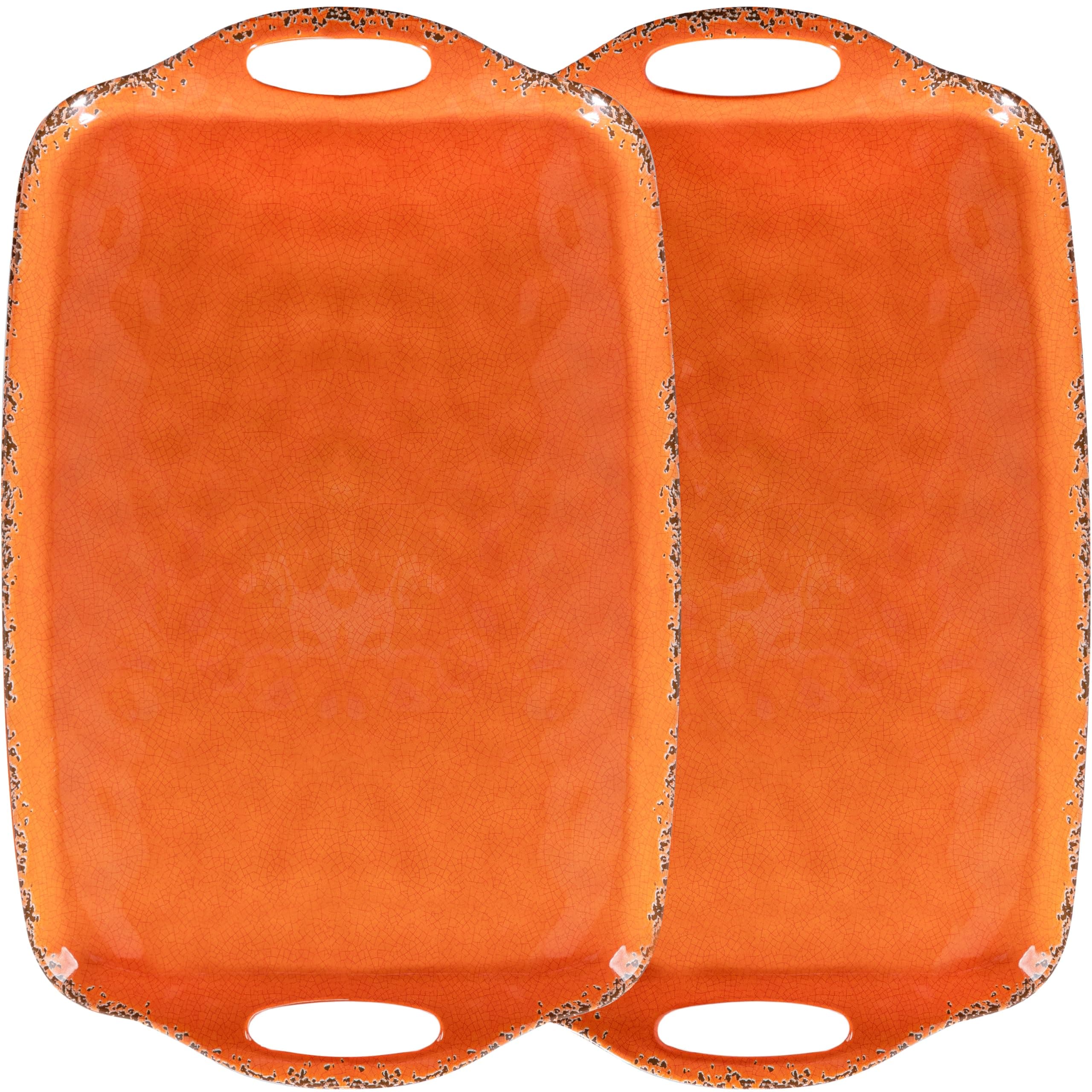 ZAROCRUSMelamine Serving Tray with Handles, 19“ x 12" Vintage Large Rectangular Melamine Serving Platter for Serving Food, Serving Tray Set of 2, Dishwasher Safe, Orange