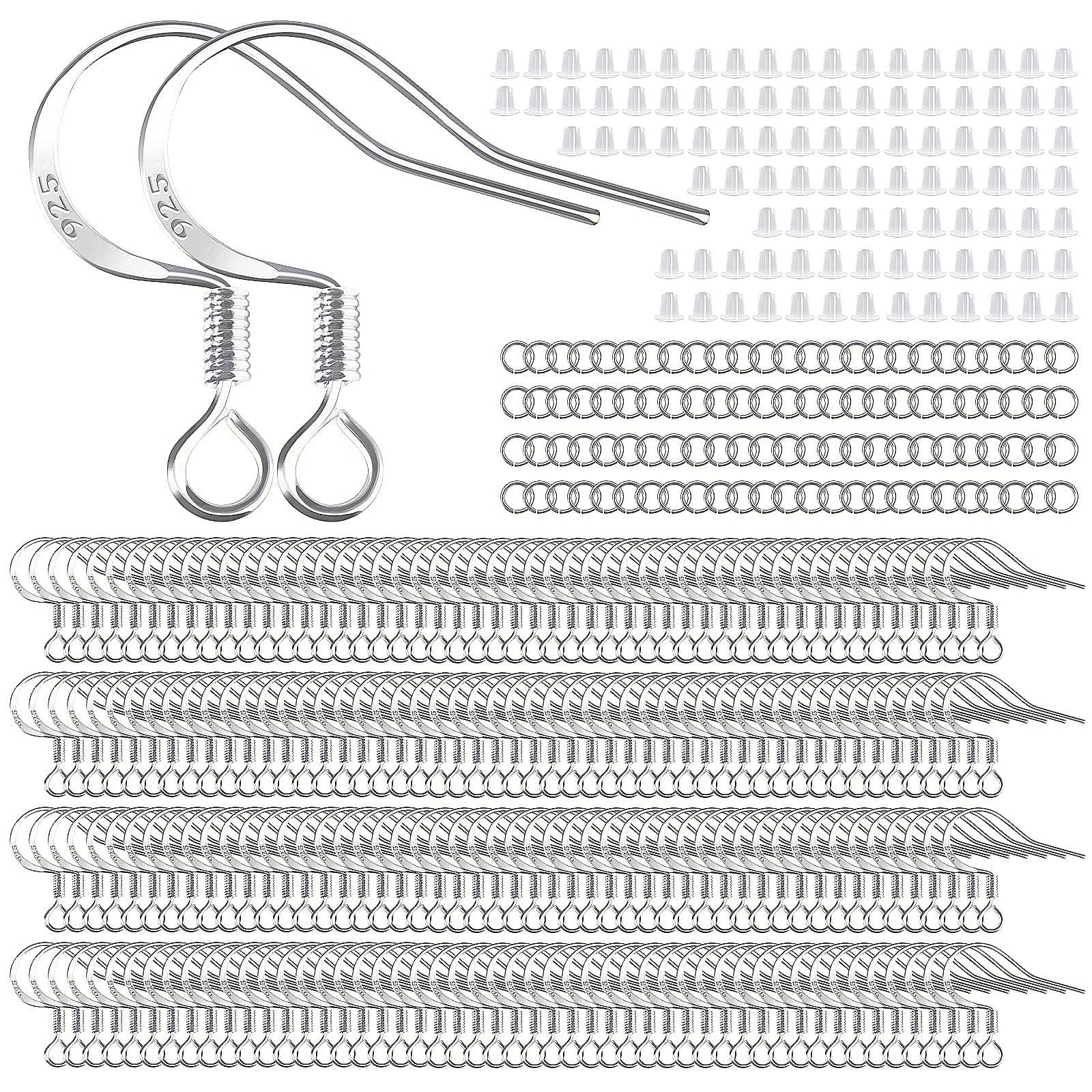 200 PCS/100 Pairs Earring Hooks 925 Sterling Silver Plated Hypoallergenic White Gold Tone Ear Wires Fish Hooks with 100 PCS Silicone Earring Backs and Jump Rings Earring Finding for DIY Jewelry Making