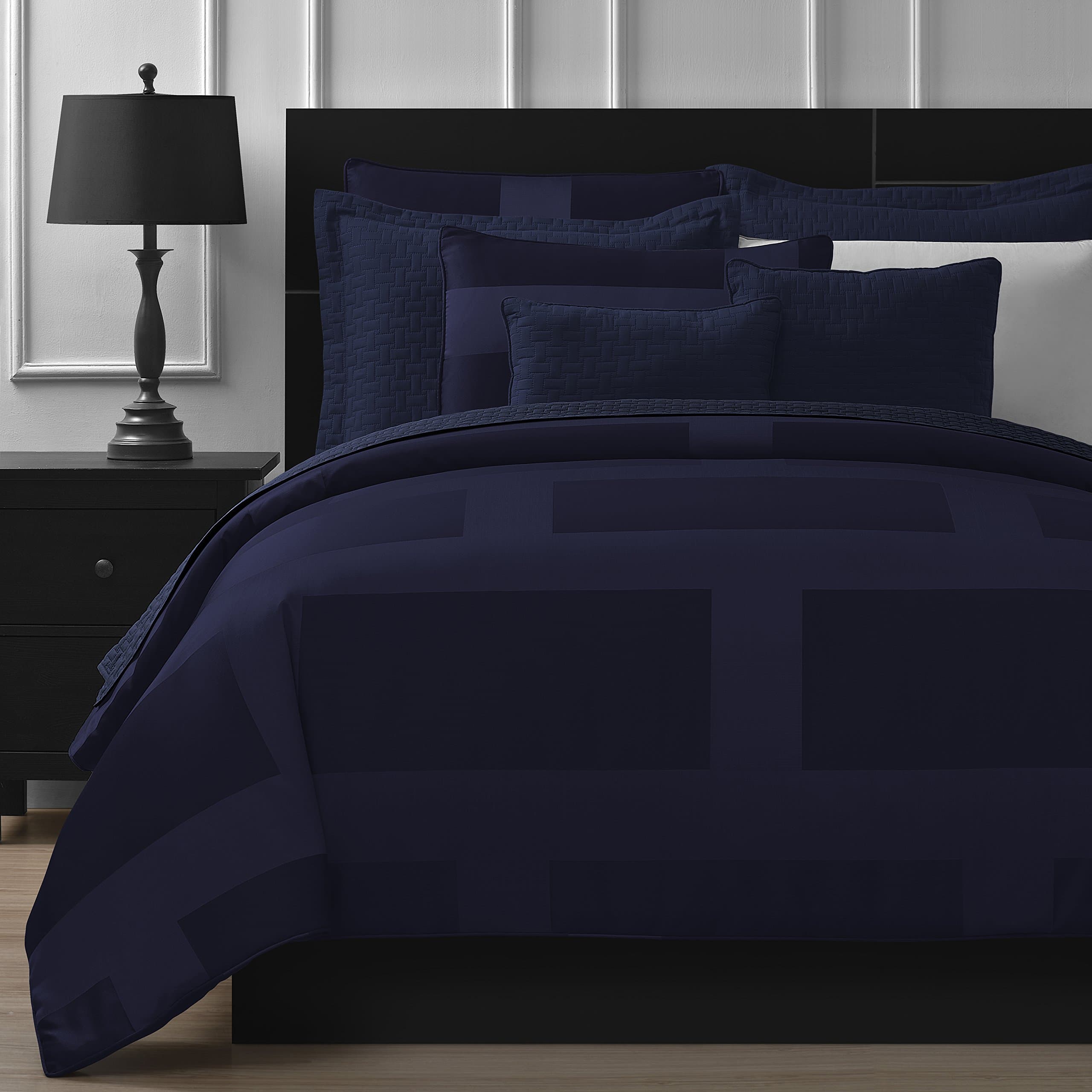 Comfy Bedding Frame Jacquard Microfiber King 5-piece Comforter Set, Navy Blue