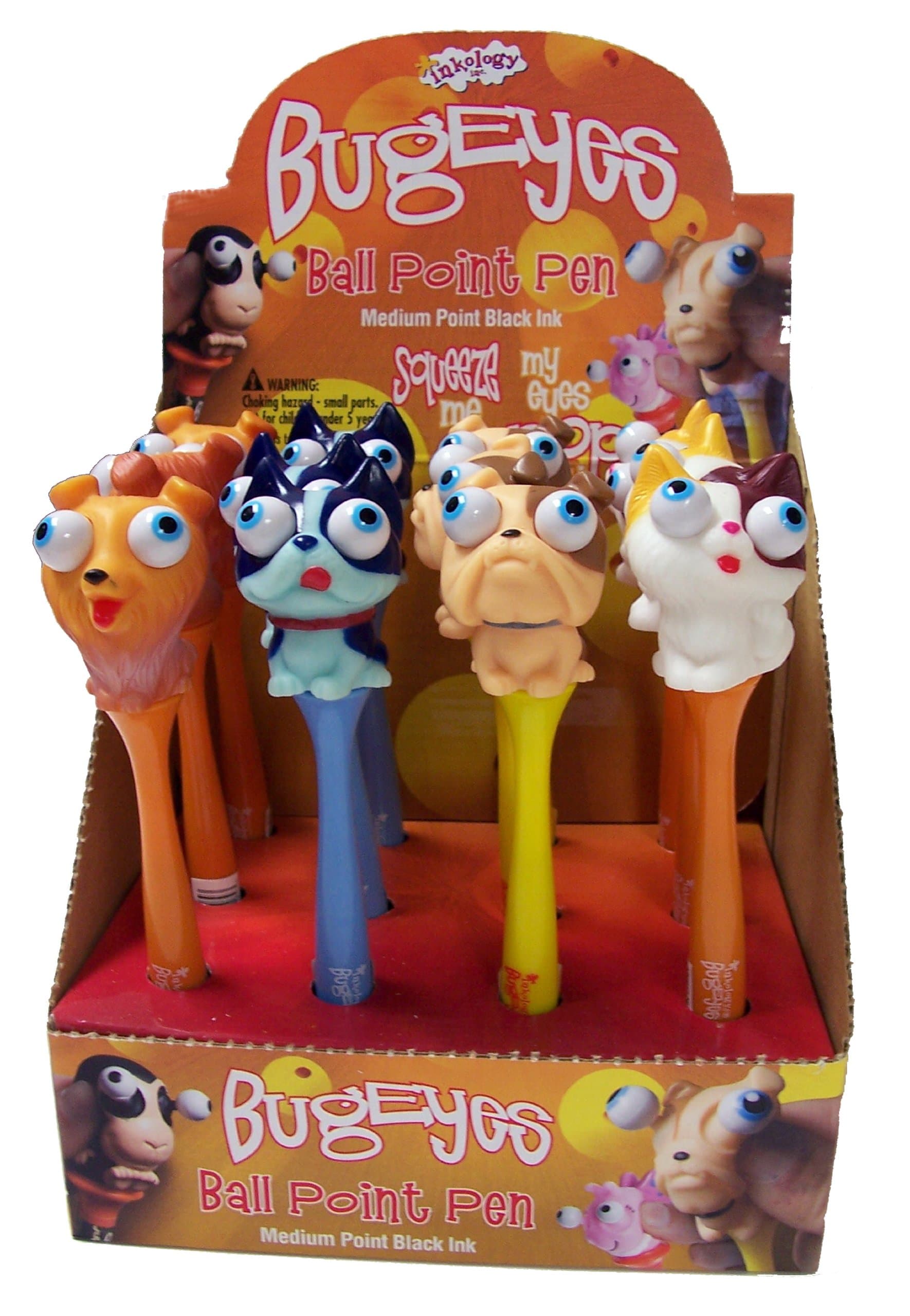 Inkology Bug Eye Pet Novelty Ball Point Pens, Medium Point, Black Ink, 4 Assorted Pet Designs, 12 Pens per Pack (184-3)