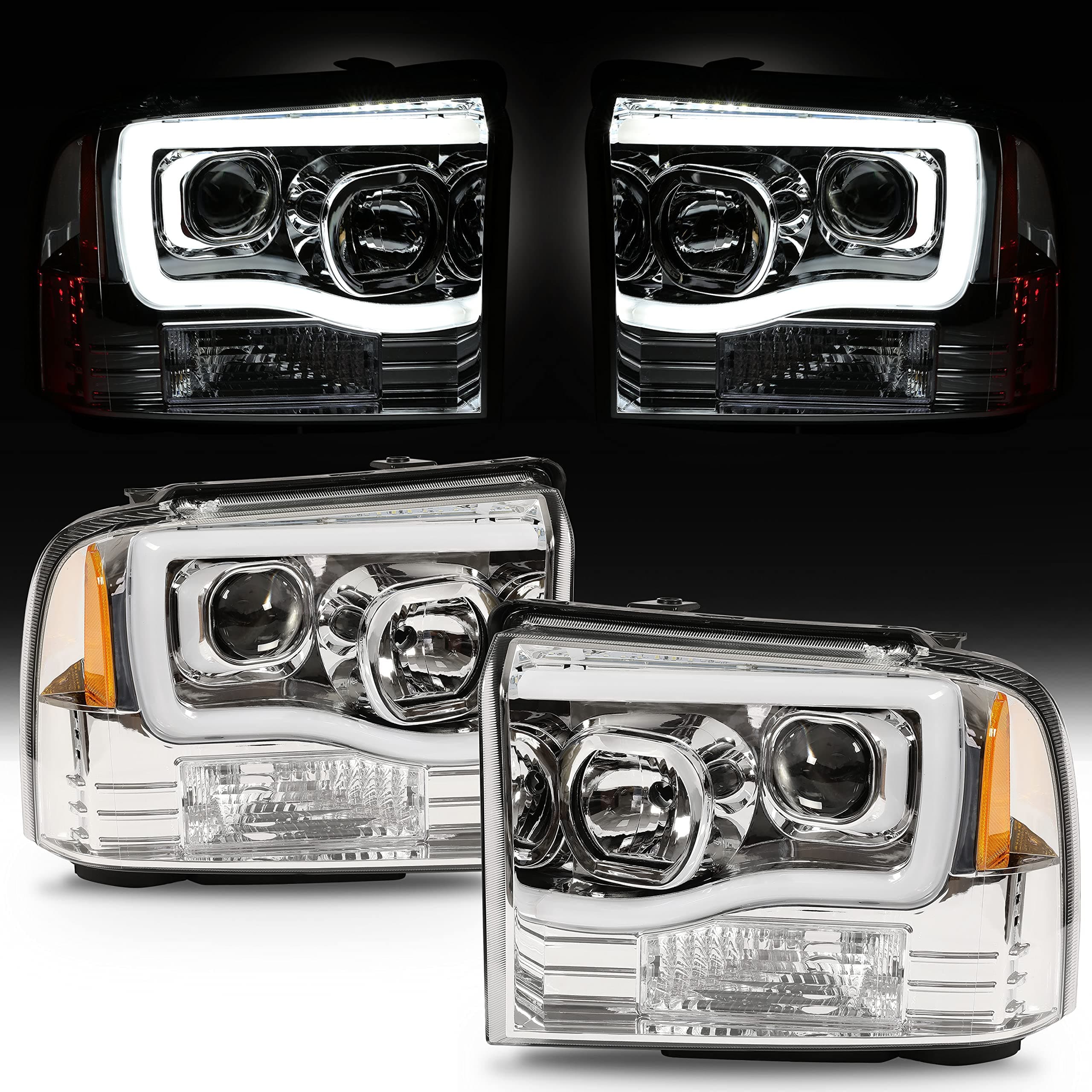 LED Projector Headlights Compatible with 2005-2007 Ford F250 F350 F450 F550 Super Duty Compatible with 2005 Ford Excursion LED Tube Bar Headlamps Replacement Clear Lens Chrome Housing