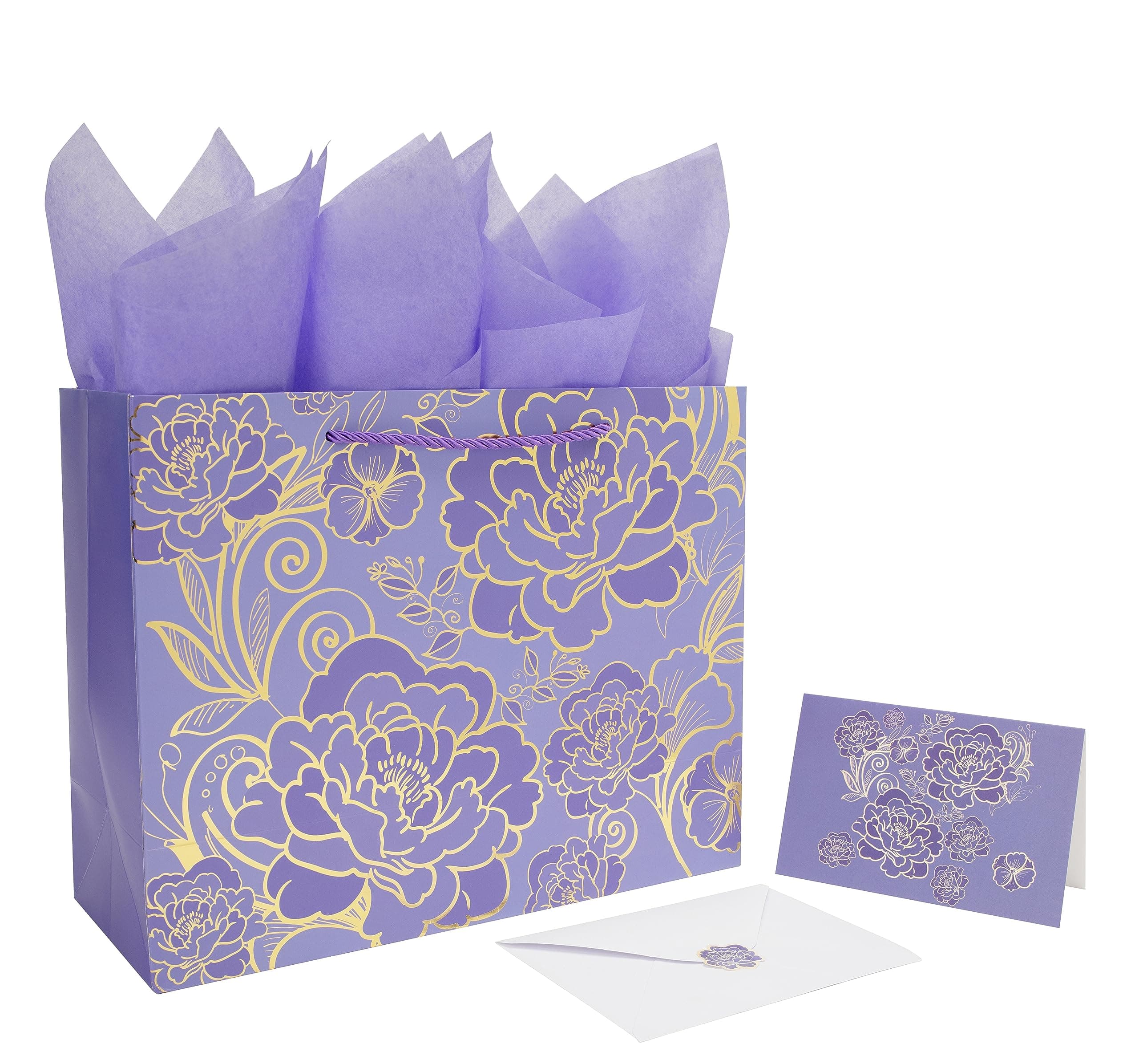 Qirrmiy 13" Large Rose Purple Gift Bag Set with Greeting Card and Tissue Paper for Women or Girls for Celebrating Birthdays, Mother's Day, Valentine's Day, Weddings, Anniversaries