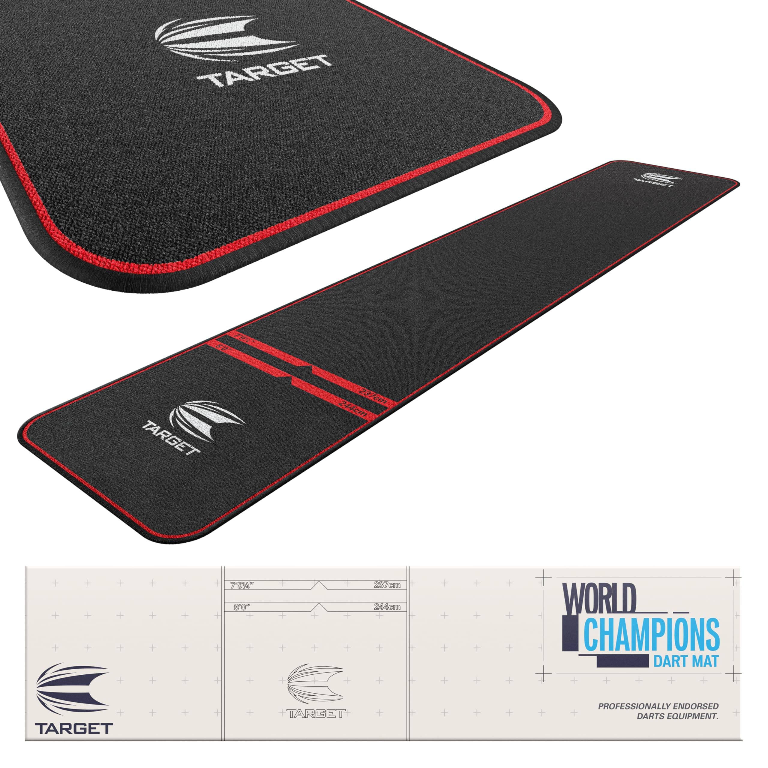 Target Darts World Champion Darts Mat Black and Red | Dart Oche Mat with Soft Tip and Steel Tip Throw Line Distances | Non Slip Carpet Mats for Floor and Dart Tips Protection | Darts Accessories