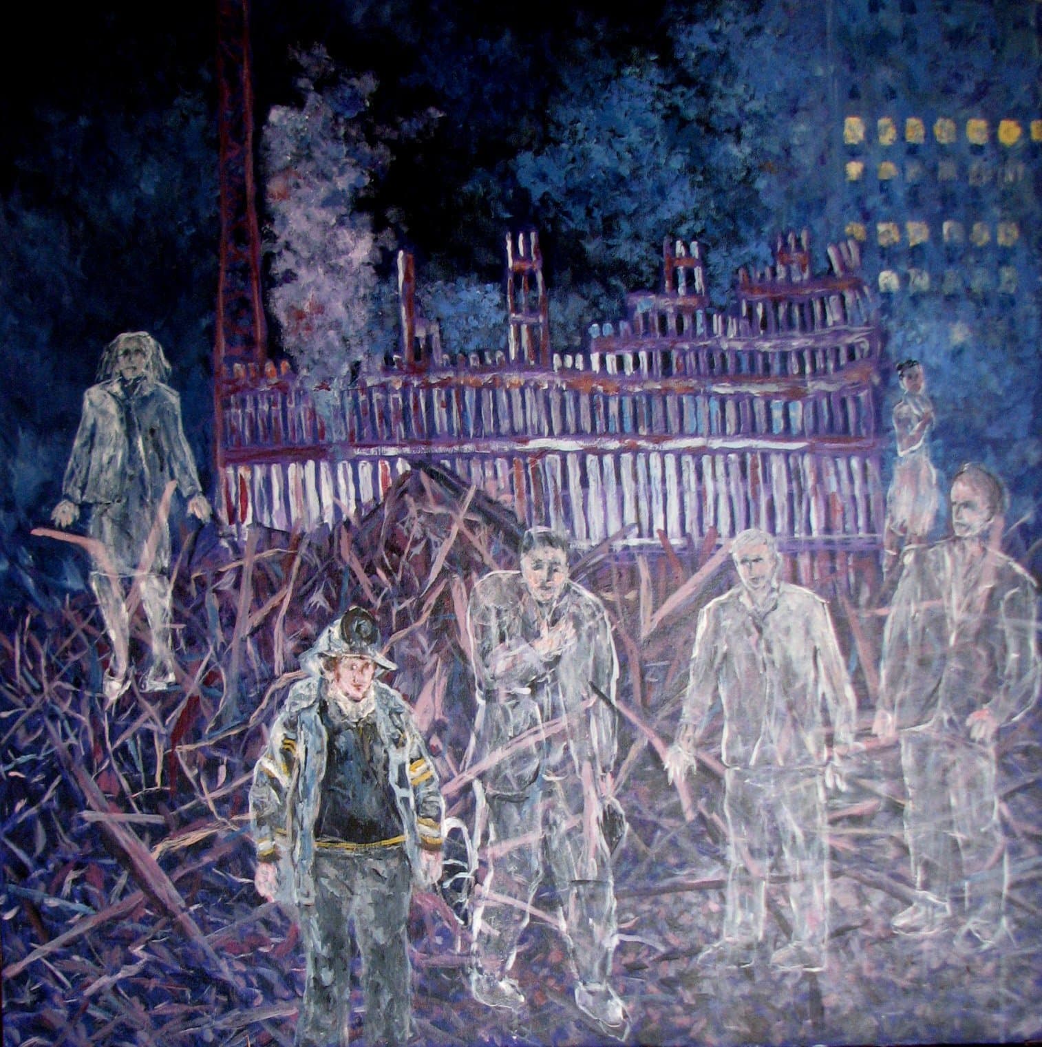 "Aftermath at 911". I was not far away when the planes hit the towers. I was deeply disturbed. But I also believe that we are immortal, as expressed here by these distressed souls.