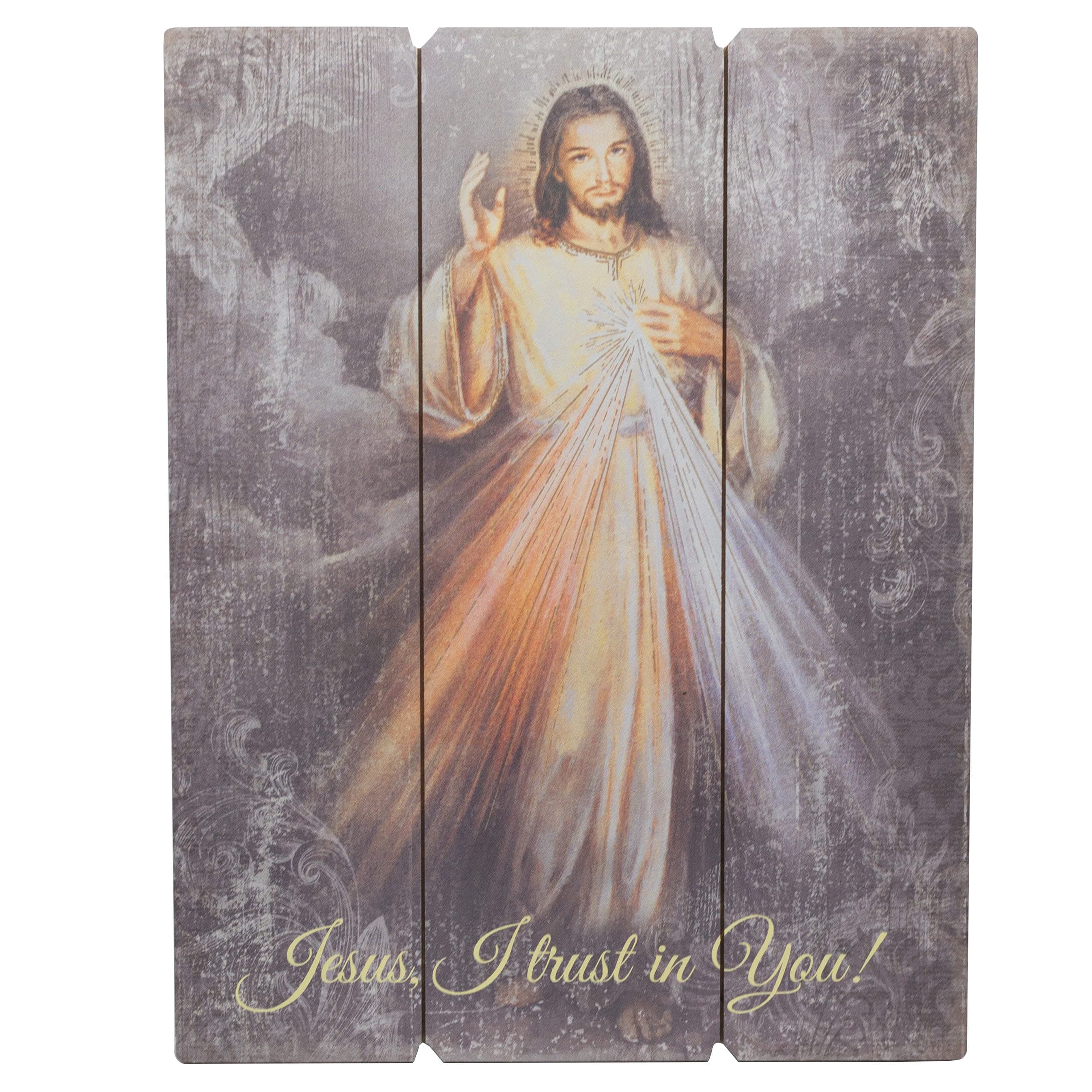 15" Pallet Style Divine Mercy Wall Art | Jesus, I trust in you! | Beautiful Catholic Home Decor | Great Gift for Confirmation, Housewarming, and Weddings | Rustic Farmhouse Style