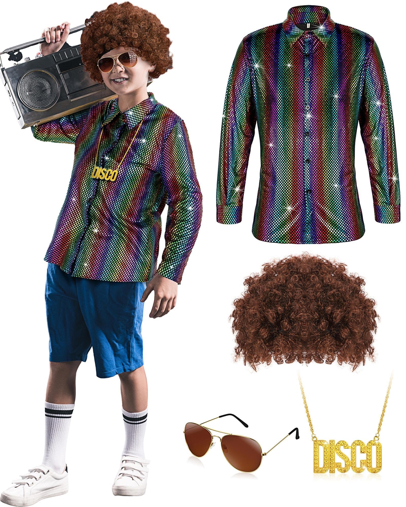 Sintege 4 Pcs Kids Disco Costume Boys 70s 80s Sequins Shirts Wig Sunglasses Disco Necklace for Carnival Cosplay Party Outfit