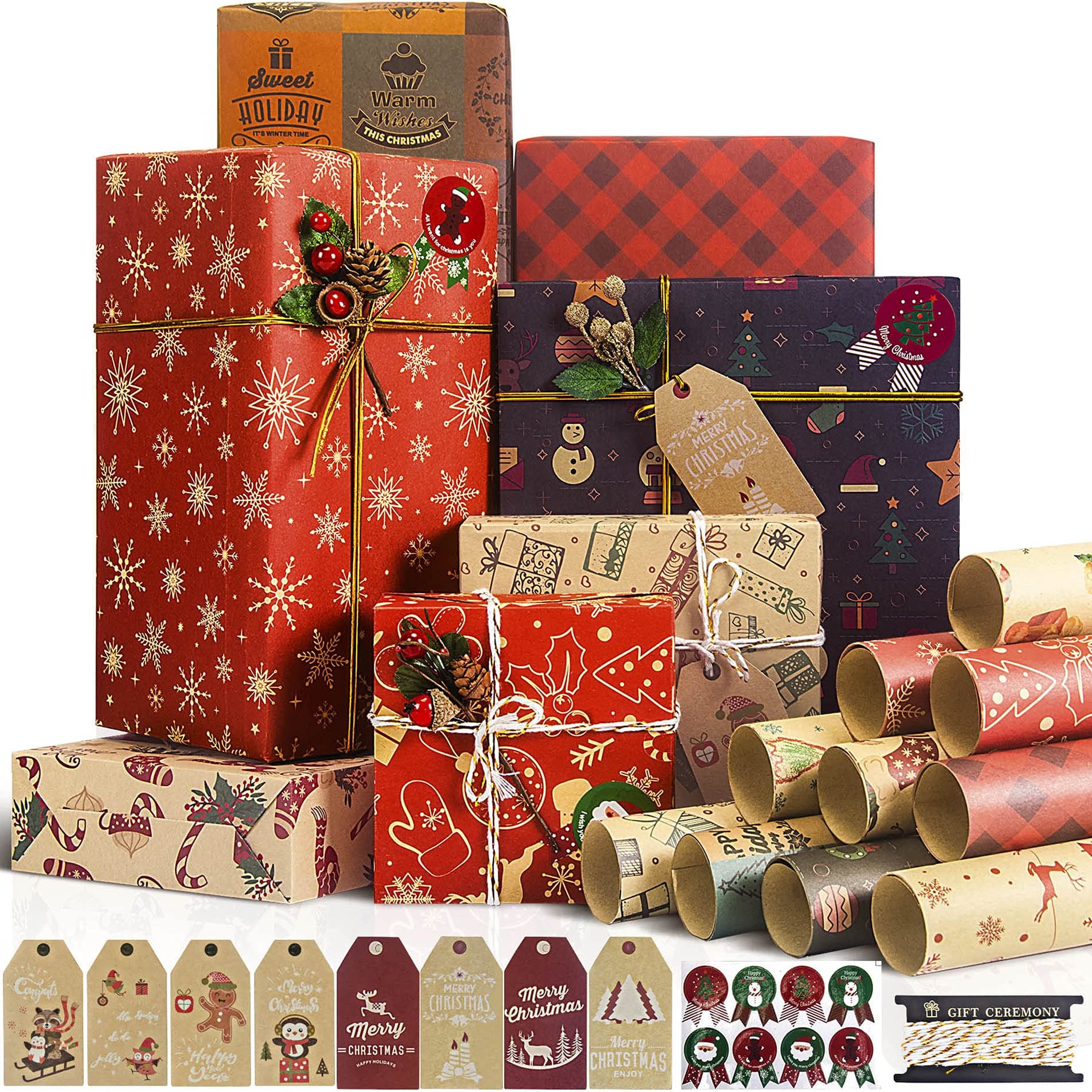 Rancco Christmas Wrapping Paper Set, 10 Sheet Recyclable Kraft Gift Wrapping Paper w/ 8 pc Gift Sticker Tag, Christmas Ribbon for Xmas Gift Wrap, Present Decoration, DIY Craft, 27.5x19.7inch per sheet