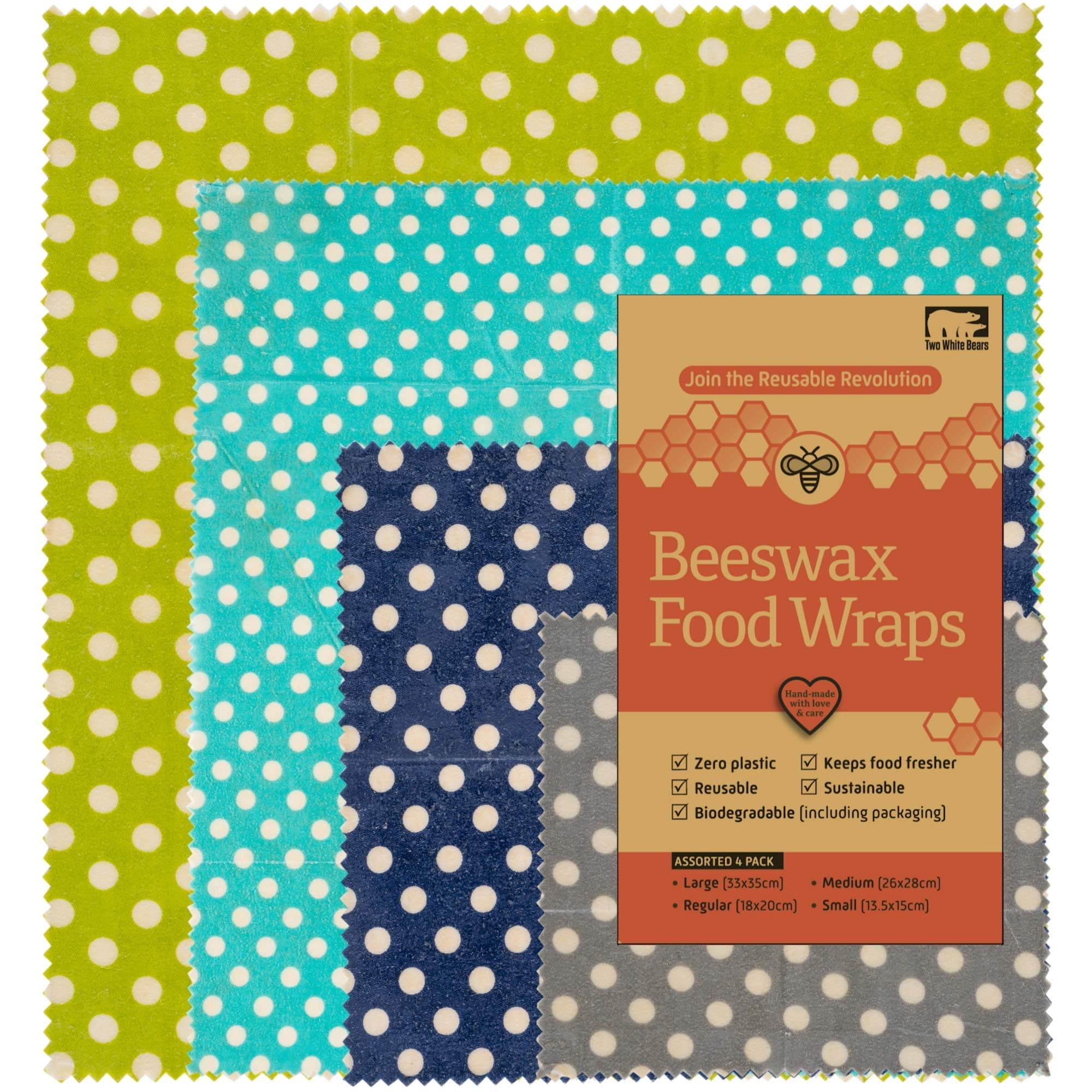 Beeswax Wraps Set of 4 - Reusable Wax Wrap for Food Storage. One Tree Planted per Purchase. Zero Waste Alternative to Cling Film, Silicone Covers & Sandwich Bags. 4 Sizes/Designs by Two White Bears