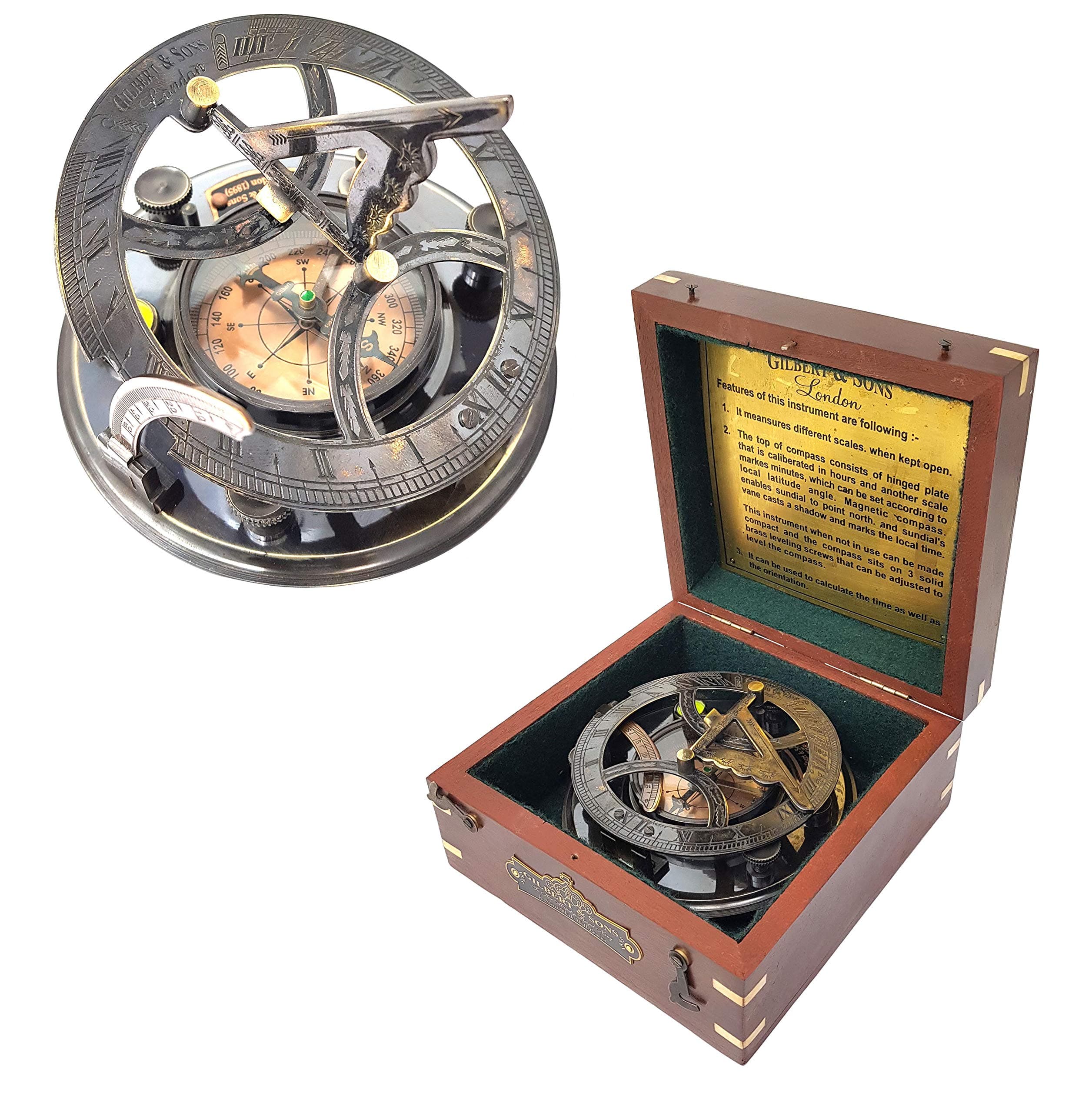 5 inches Large Sundial Compass in Rosewood Case Top Grade Calibrated Vintage Gift