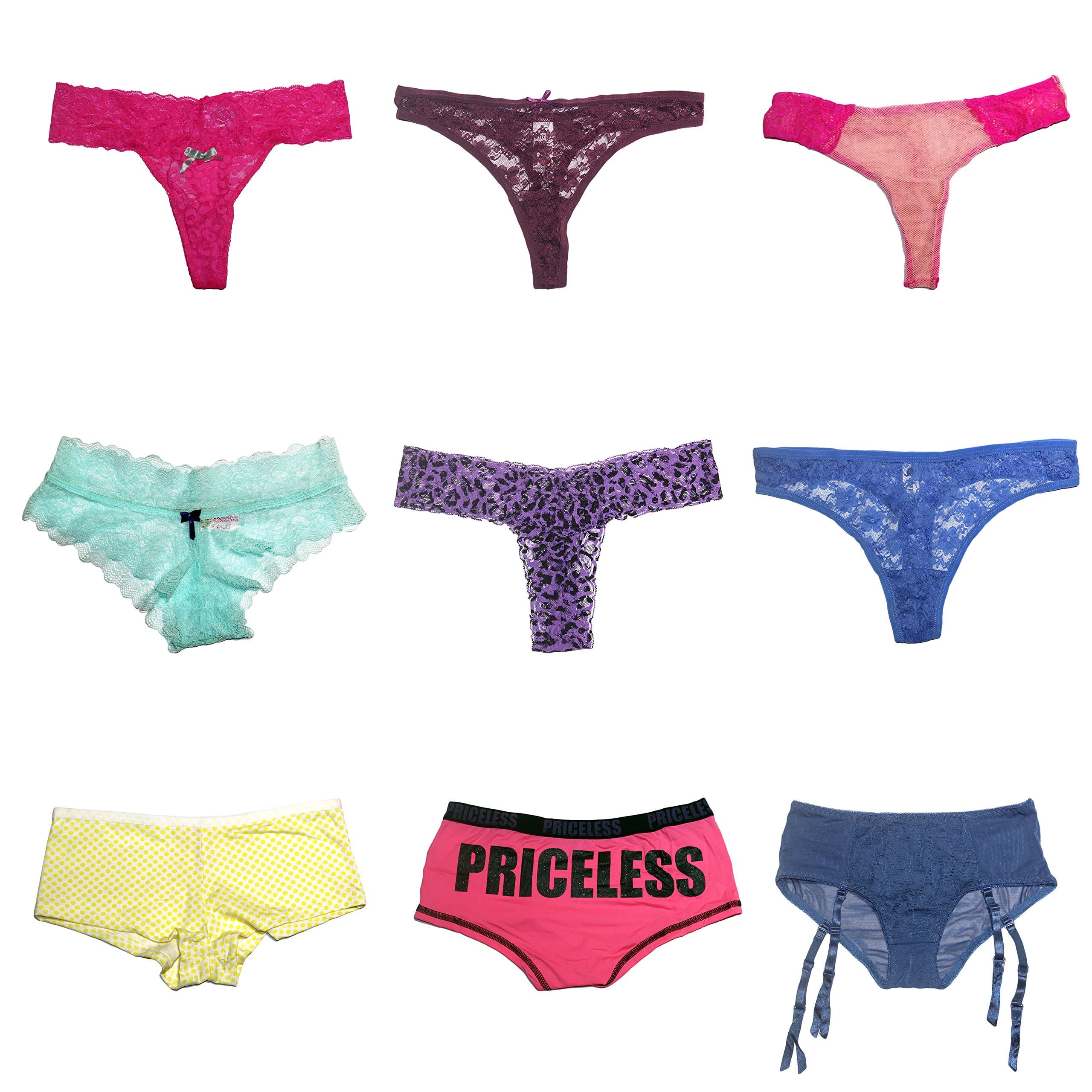 Ageless 17 Sexy Lingerie Pack Of 9, Surprise Grab Bag Woman’s Underwear, Mixed Styles Of Boyshorts, Thongs, High Waist Panties, and Hipster Briefs - Mixed Colors