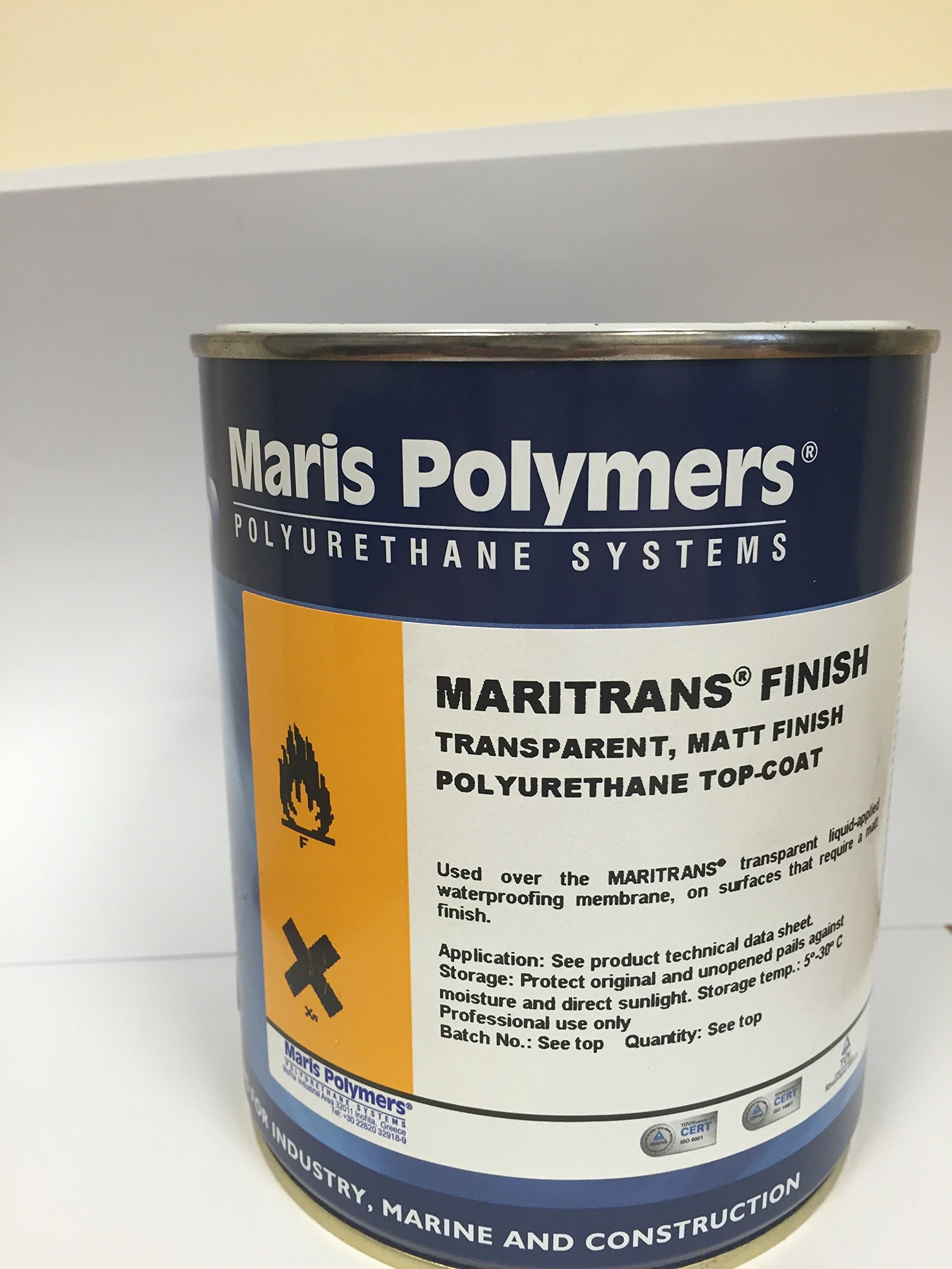 Satin-matte Maritrans Finish (1kg) used over Maritrans transparent liquid applied waterproofing membrane