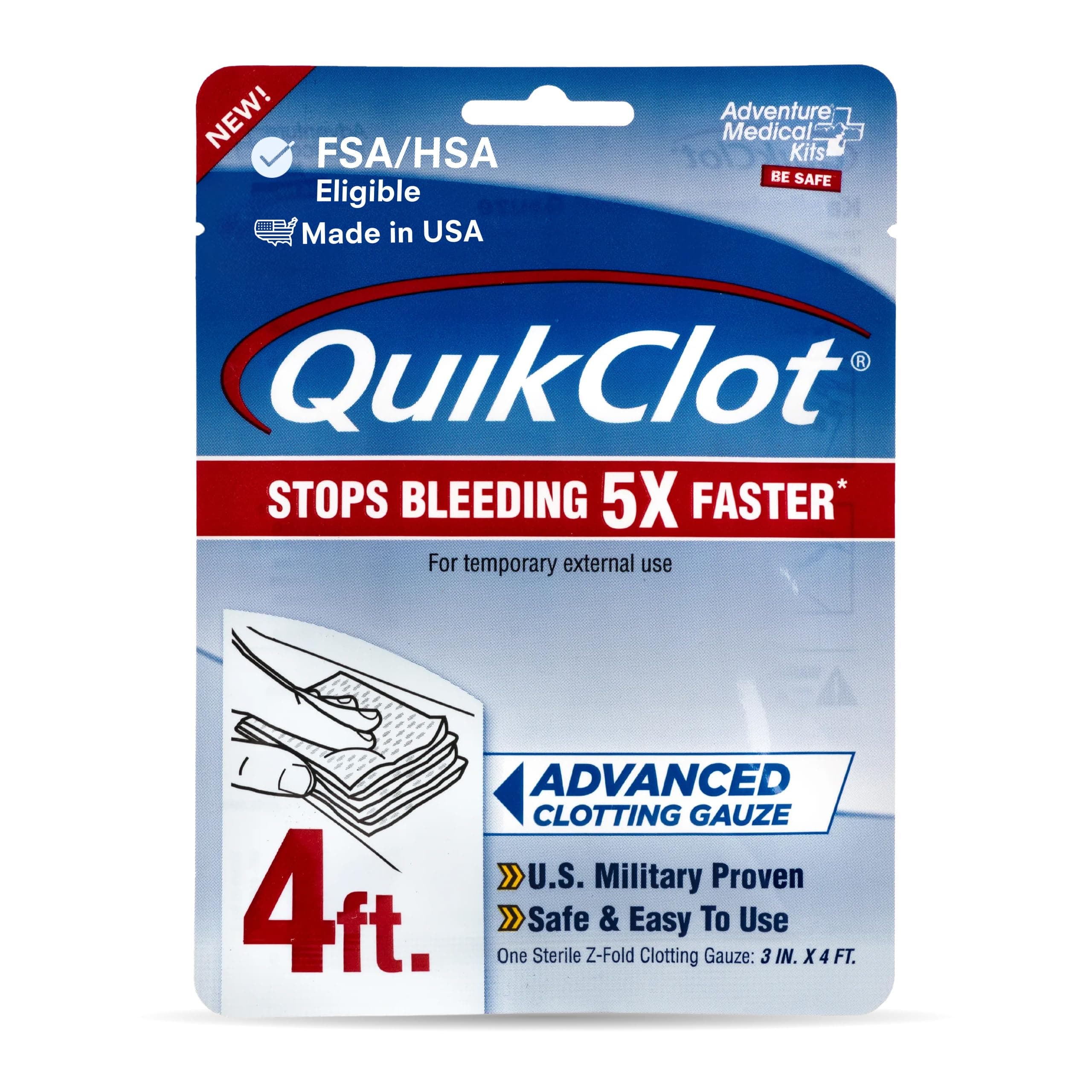 Adventure Medical Kits QuikClot Advanced Clotting Gauze - Stops Bleeding Up to 5X Faster Than Standard Gauze - Kaolin Hemostatic Dressing - for First Aid Kits & Survival Gear - 3 x 48