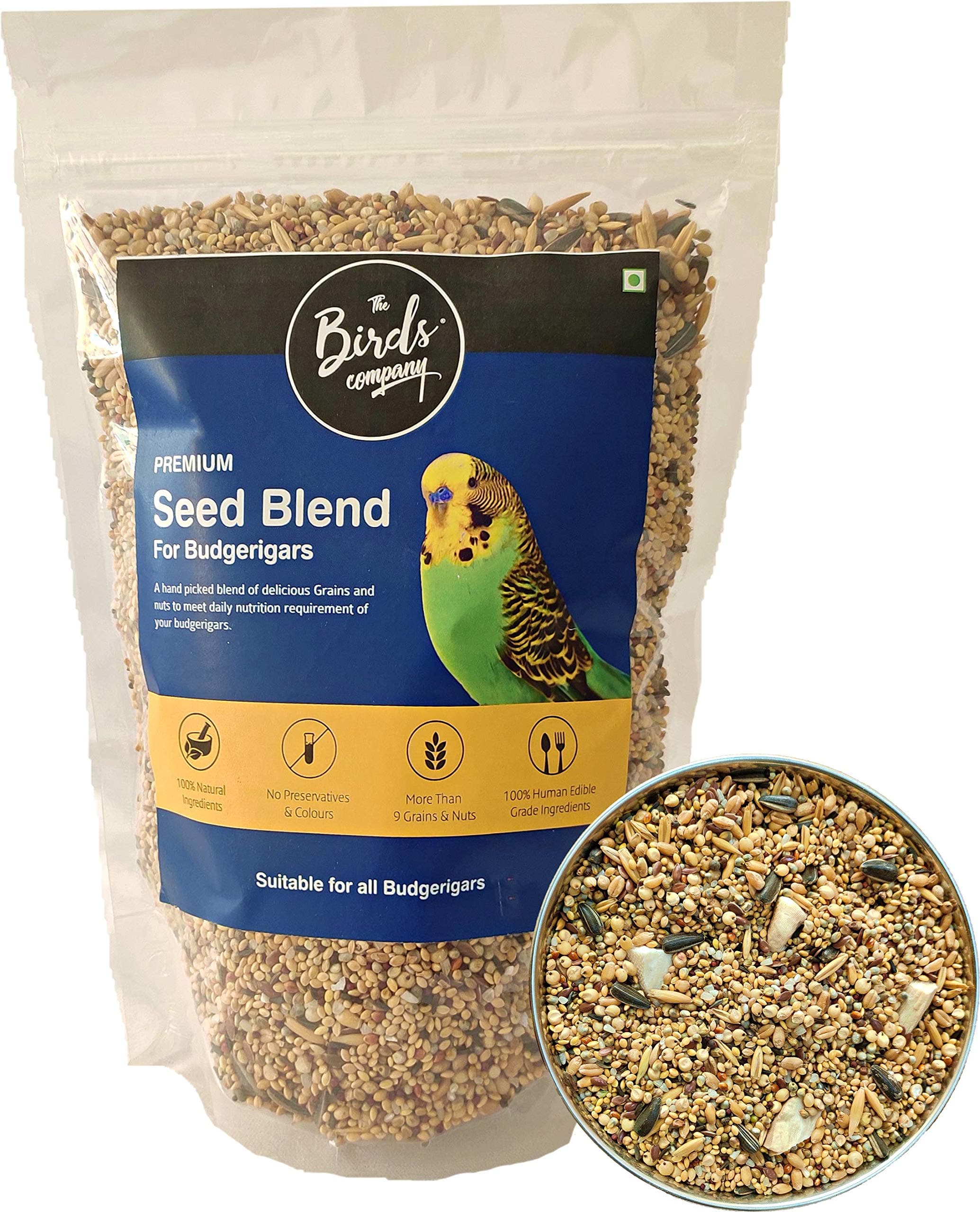 The Birds Company All Life Stages Premium Seed Blend of 9 Grains & Nuts, Fortified with Spirulina & Cuttlefish Bone, Bird Food for Budgies, 450 g