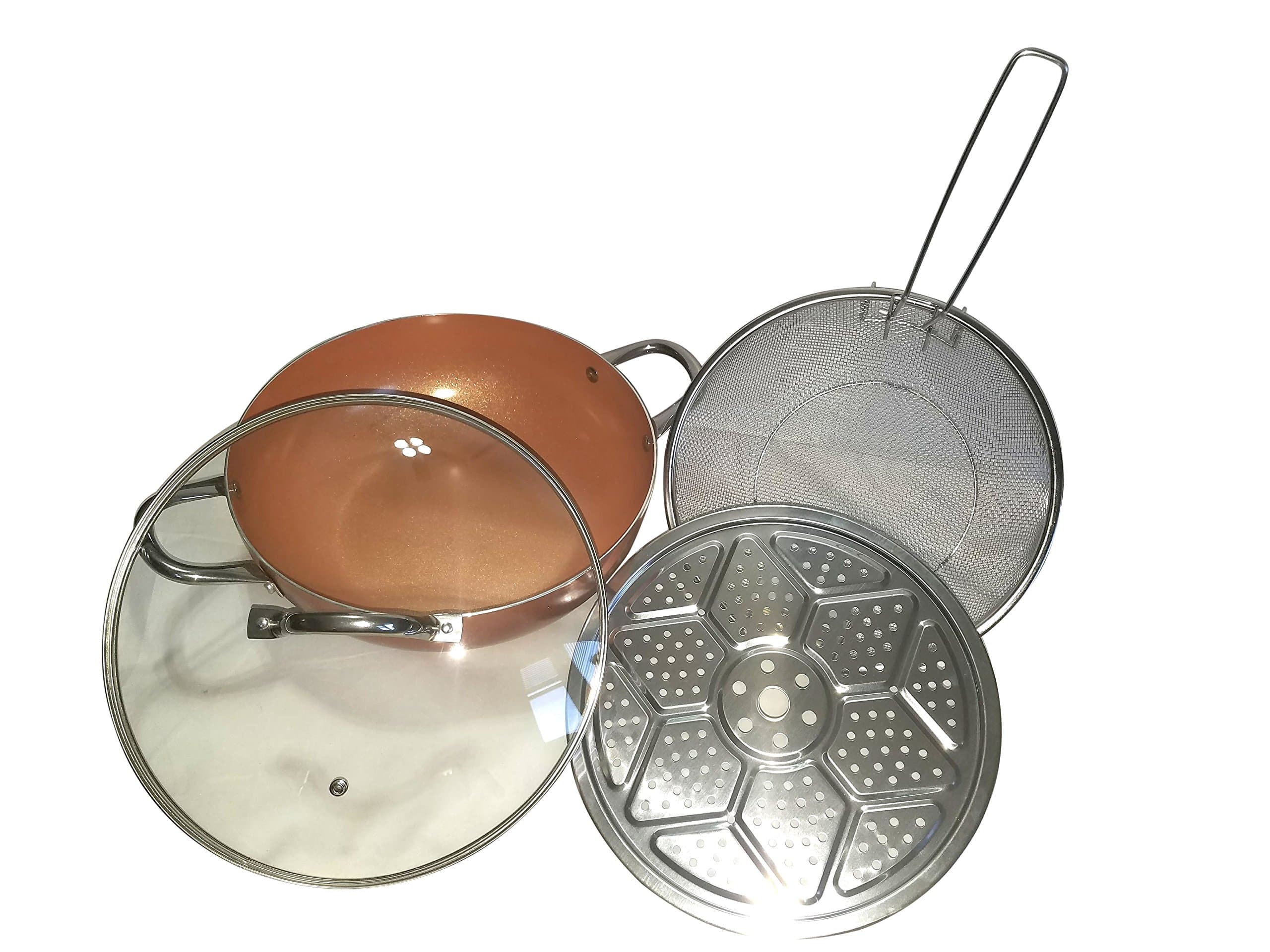 Copper Wok XL 12 Inch Pan 4 Piece Set Non Stick Ceramic Coating Induction Base Tempered Glass Lid