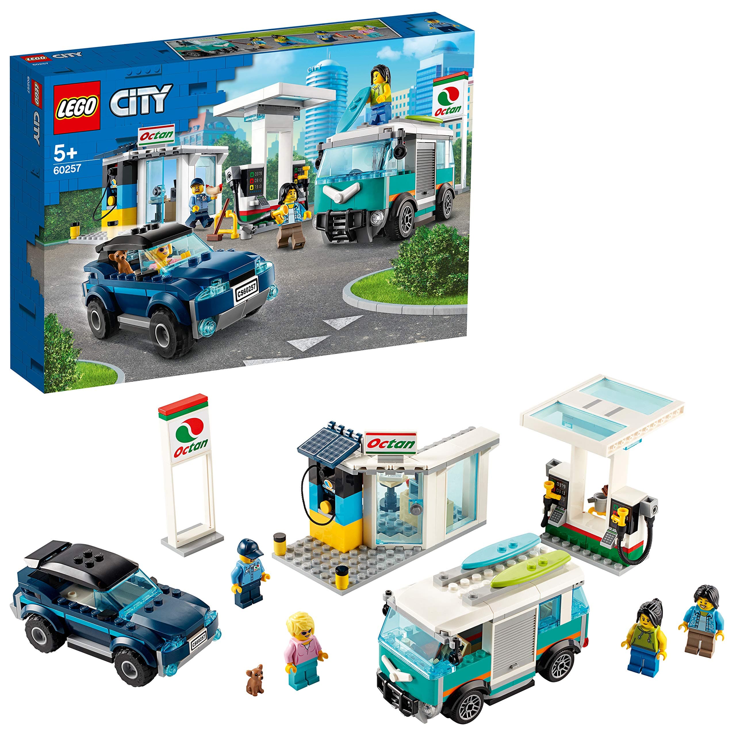 60257 City Nitro Wheels Service Station Building Block Set With Suv, Camper Van And Surfboards, Car Toys For Kids - Multicolor