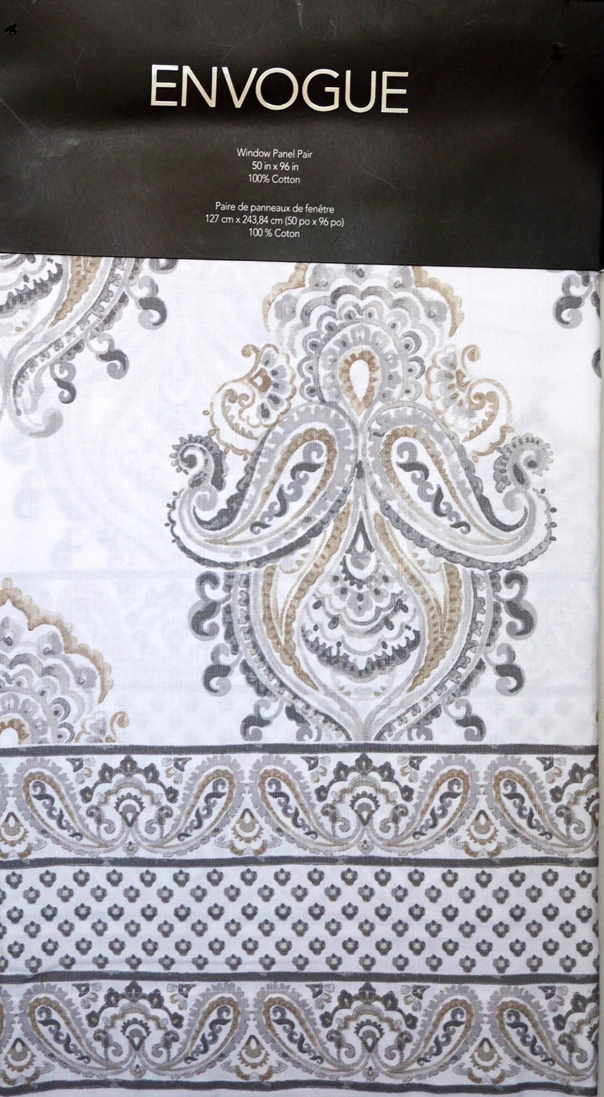 Envogue Pair of Window Panels Curtains Drapery Set of 2 Gray Beige Taupe Medallion Pattern on White 52 Inches by 96 Inches