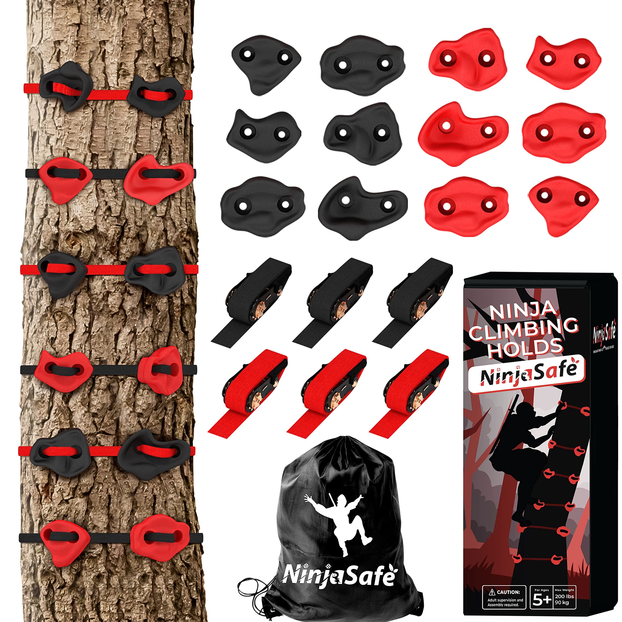 Ninja Tree Climbing Kit with 12 Holds and 6 Ratchets - Kids' Outdoor Climbing Fun at Home, Park, and More