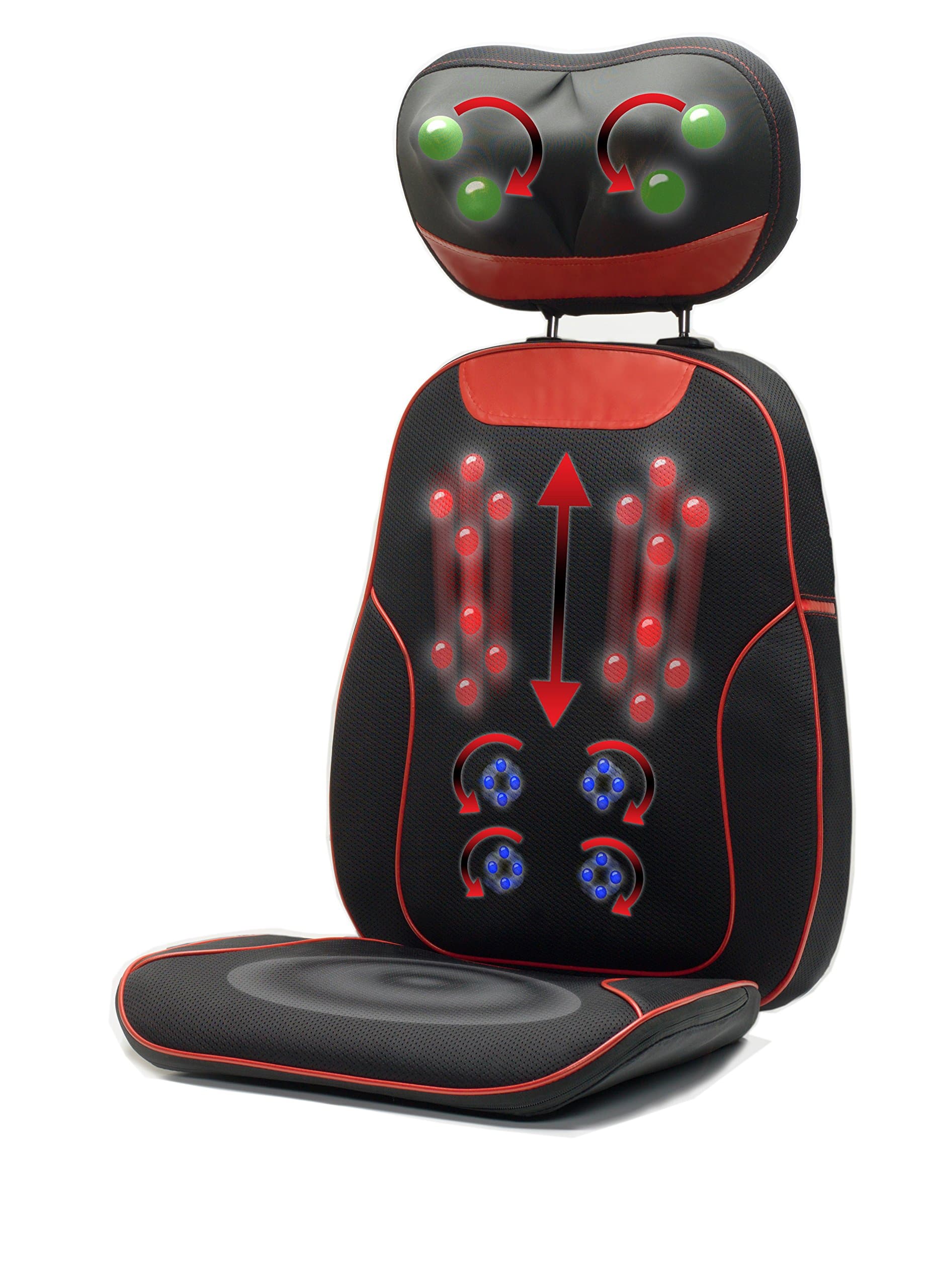 Swell Care Portable Shiatsu Massage Cushion with Rolling Balls for Back, Lumbar, Shoulder, Neck, and Thighs; with Soothing Infrared Heat. Fits Home or Office Chair. Color: Black with Red Trim