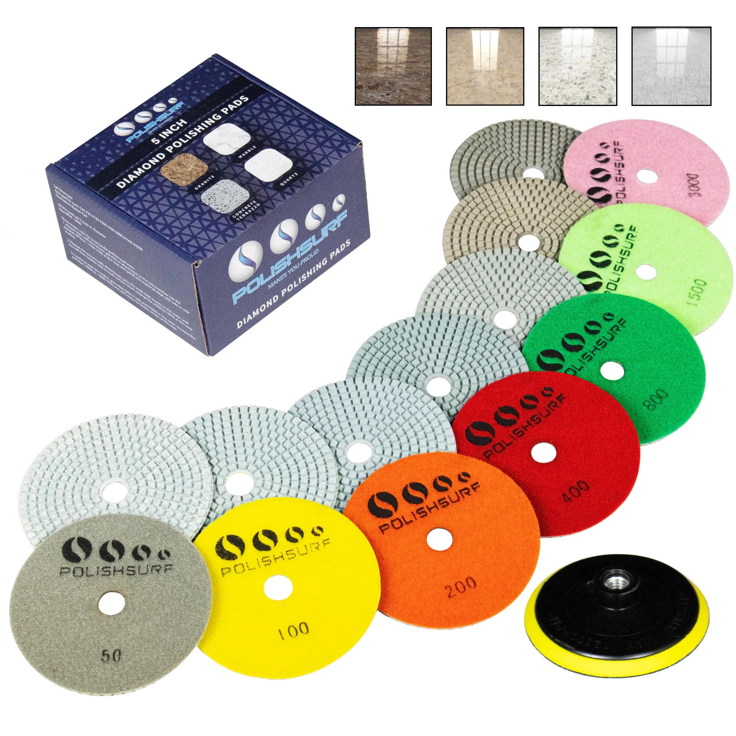 Diamond Polishing Pads 5 Inch Wet Dry Set 8 Pieces for Marble Quartz Stone Countertop Granite Concrete Polishing